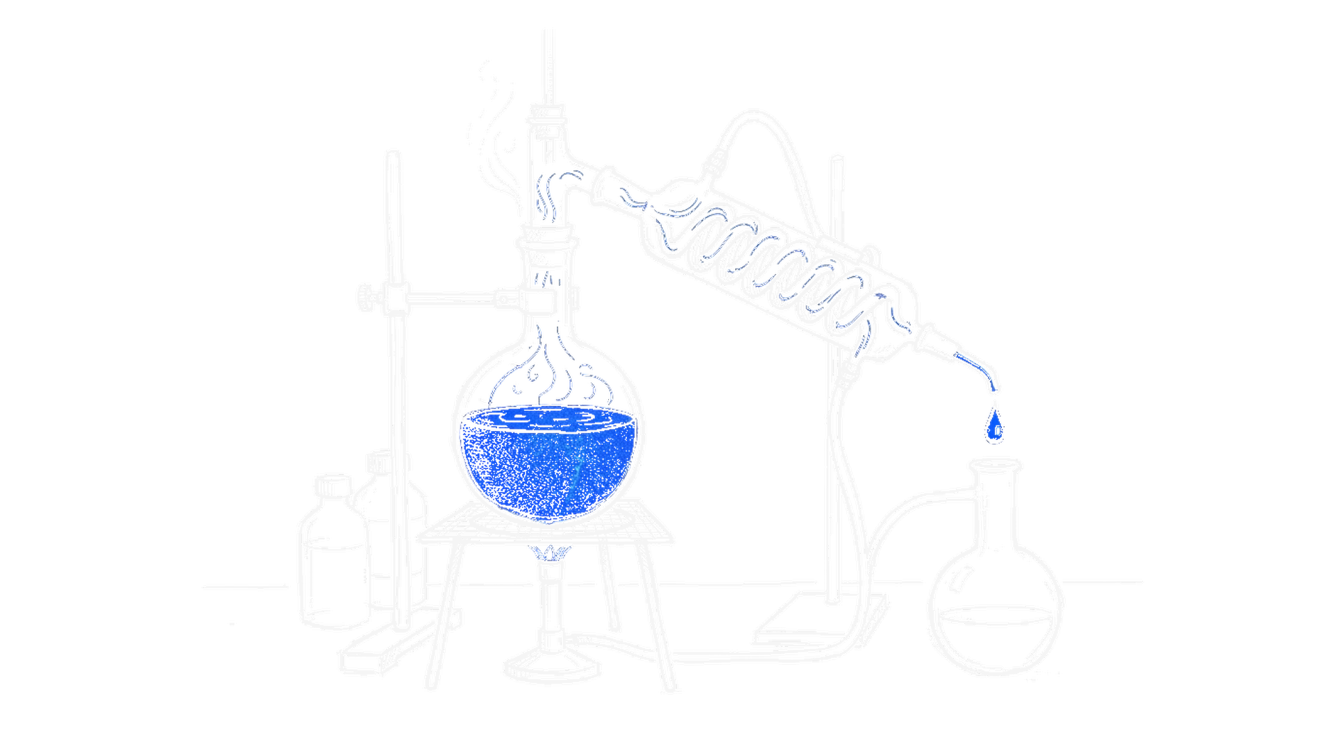 Illustration einer Destillations-Apparatur mit blau leuchtendem Kolben, kinewsletter.ch Stil