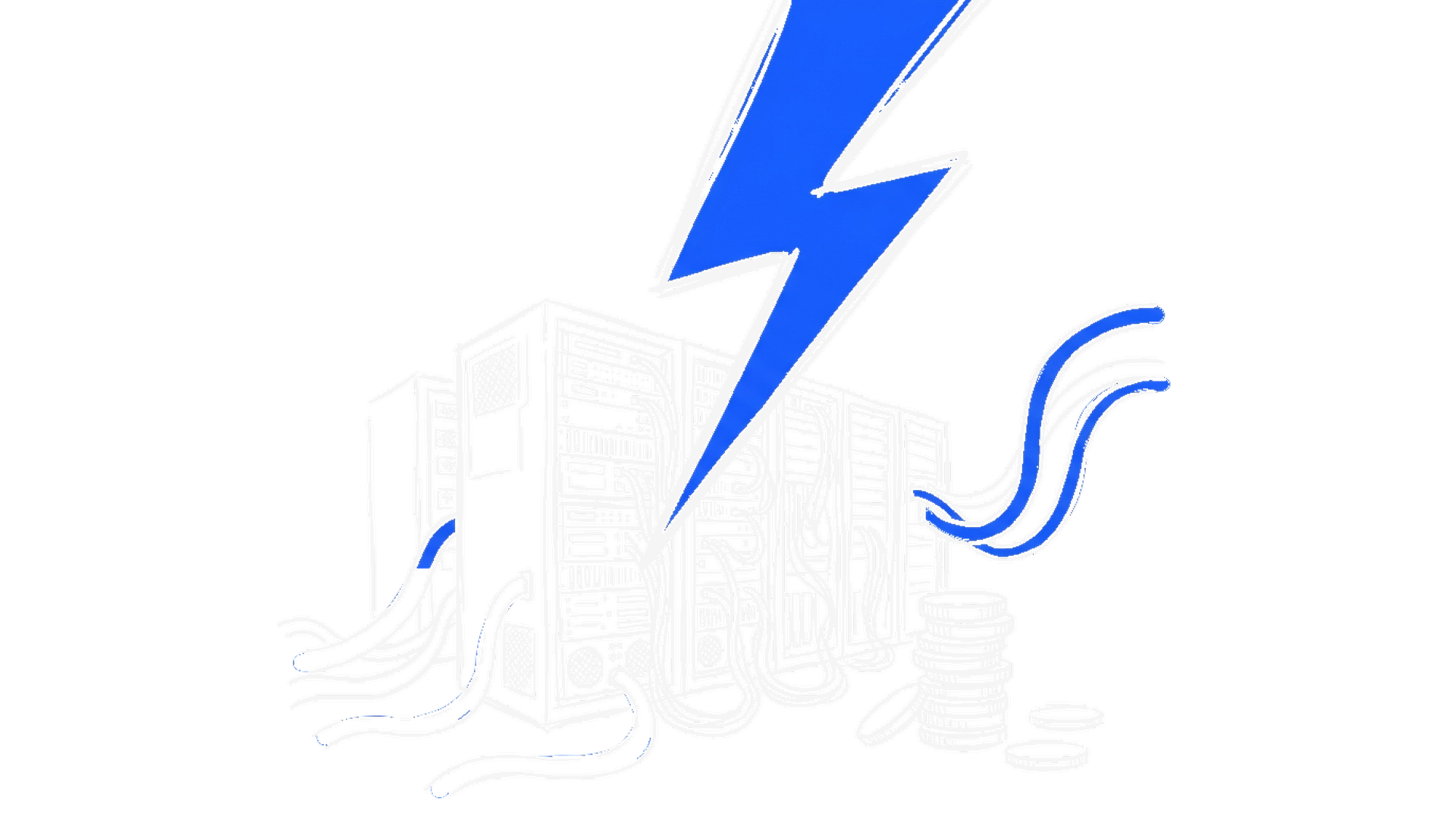 Illustration eines Blitzes, der in Serverschraenke einschlaegt, kinewsletter.ch Stil