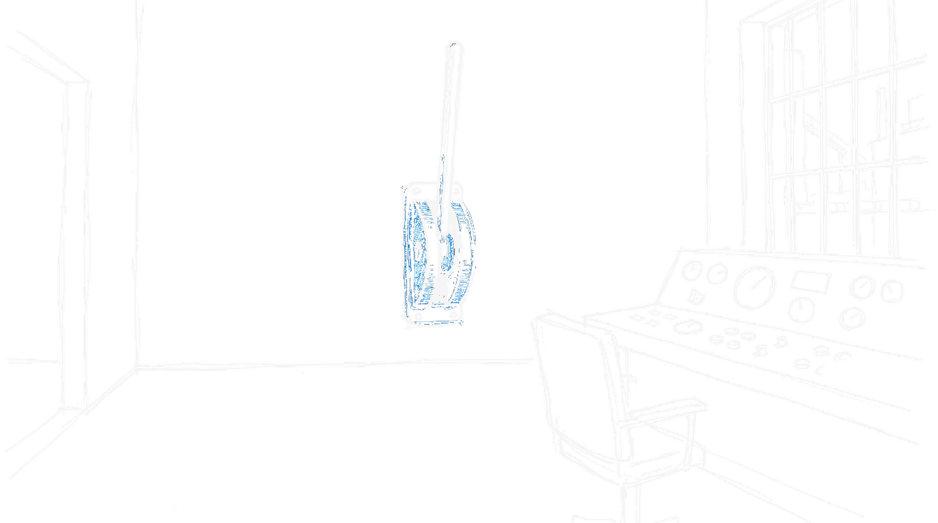 Illustration eines industriellen Kontrollraums mit grossem Not-Aus-Hebel, kinewsletter.ch Stil