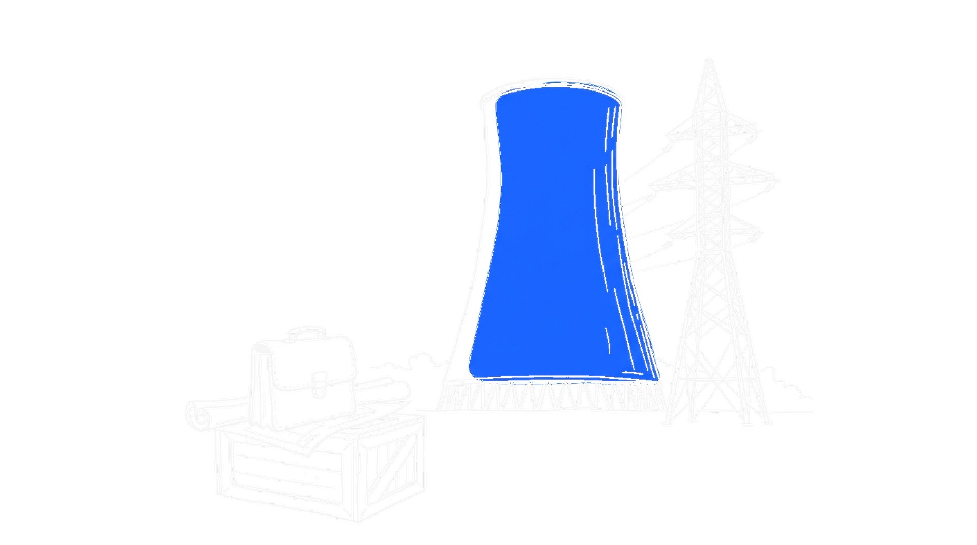 Illustration eines Kuehlturms mit Strommast und Bauplaenen, kinewsletter.ch Stil