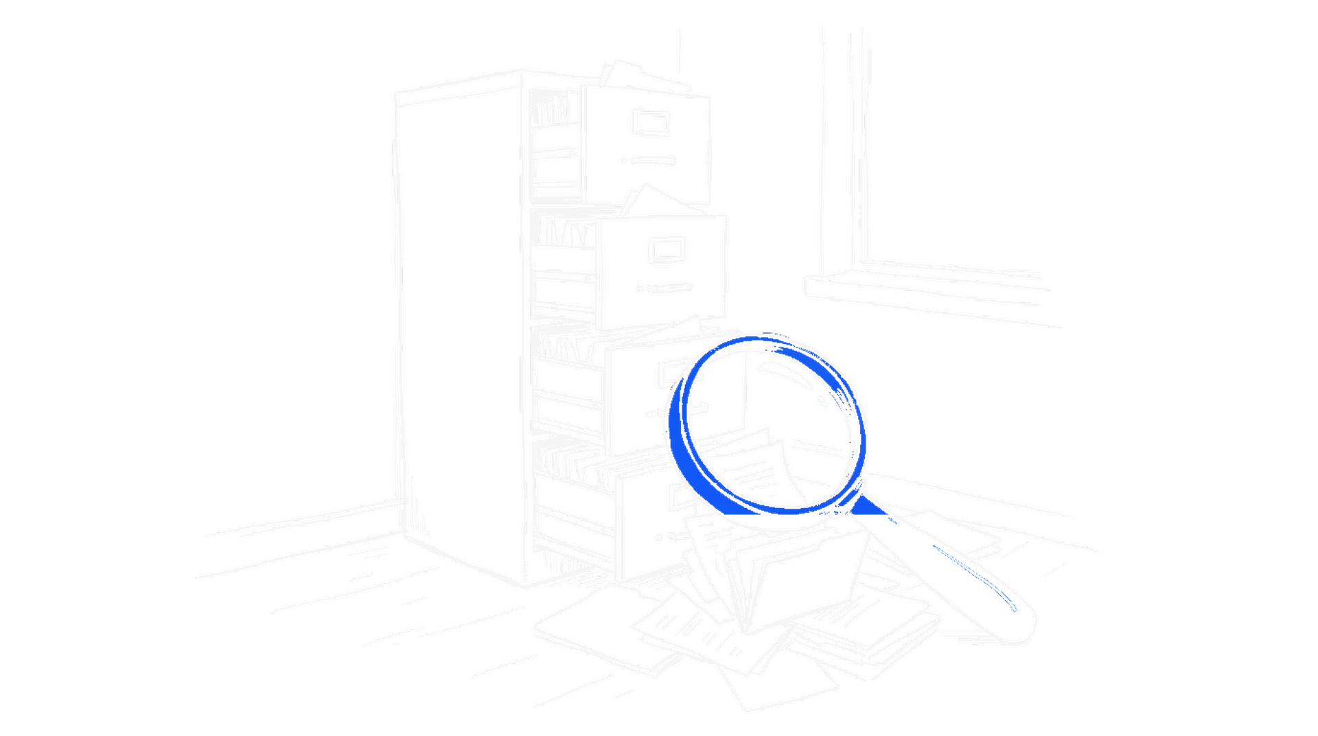 Illustration eines offenen Aktenschranks mit verstreuten Dokumenten und einer Lupe, kinewsletter.ch Stil