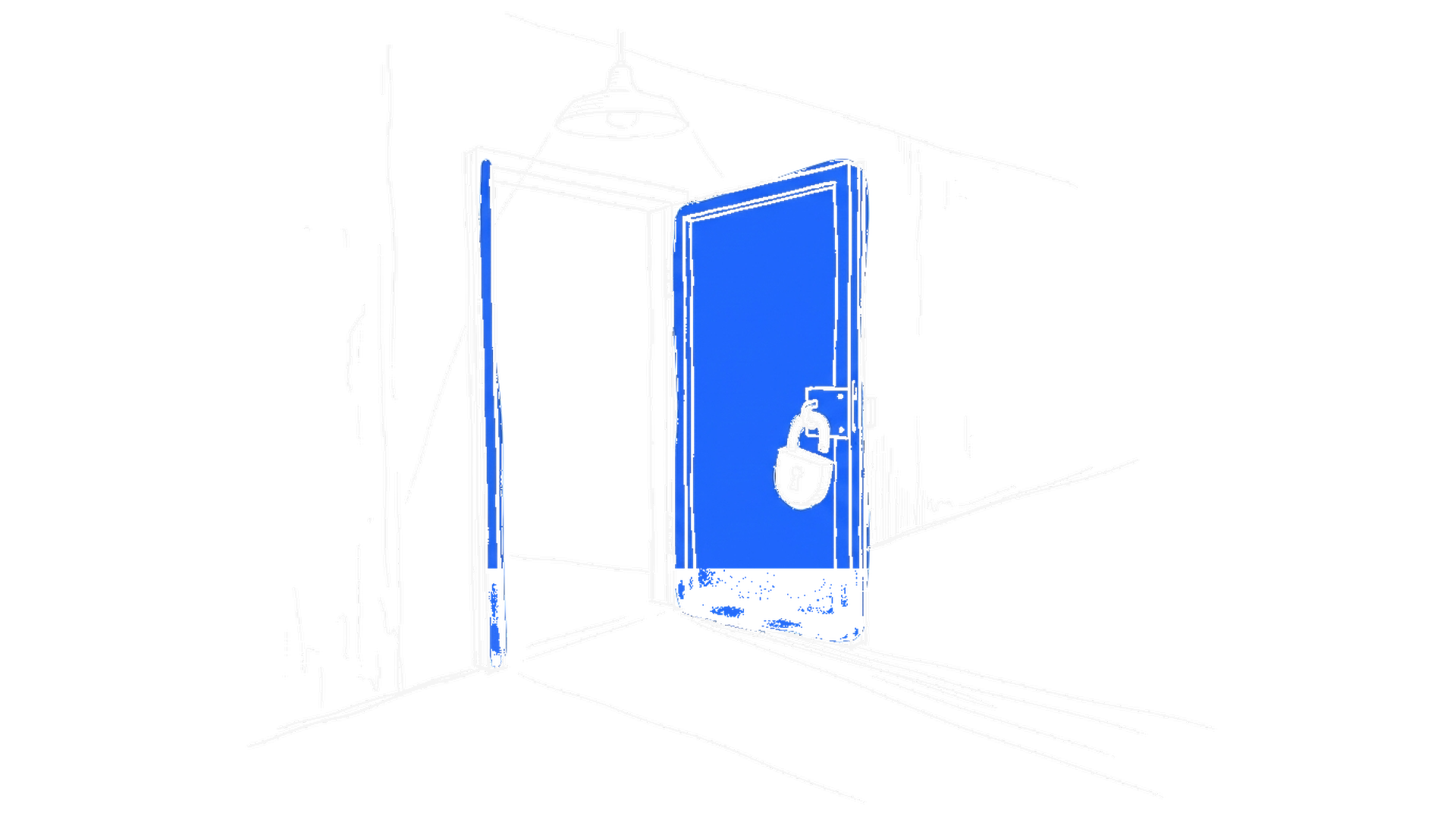Illustration einer leicht offenstehenden Tuer mit offenem Vorhaengeschloss, kinewsletter.ch Stil