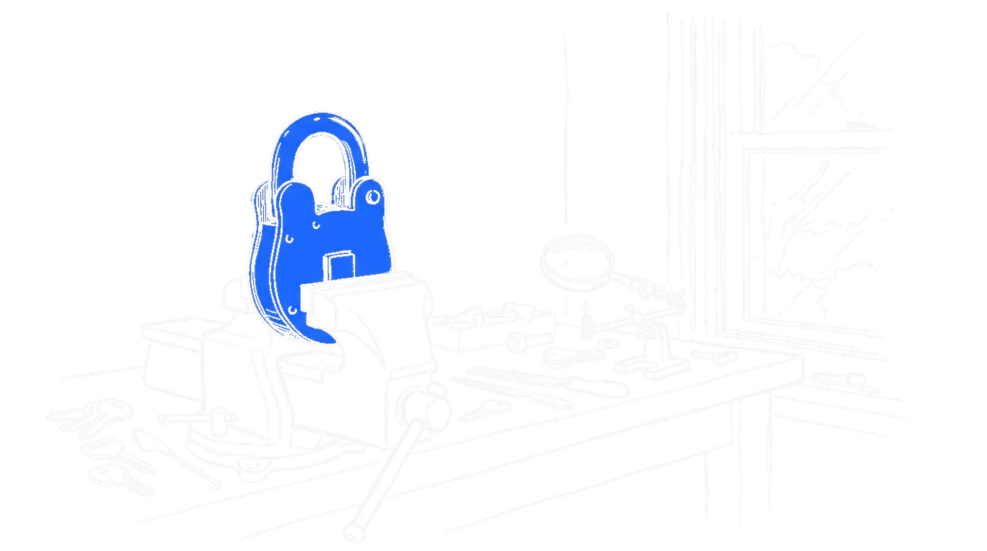 Illustration einer Schlosserwerkbank mit blauem Vorhaengeschloss im Schraubstock, kinewsletter.ch Stil