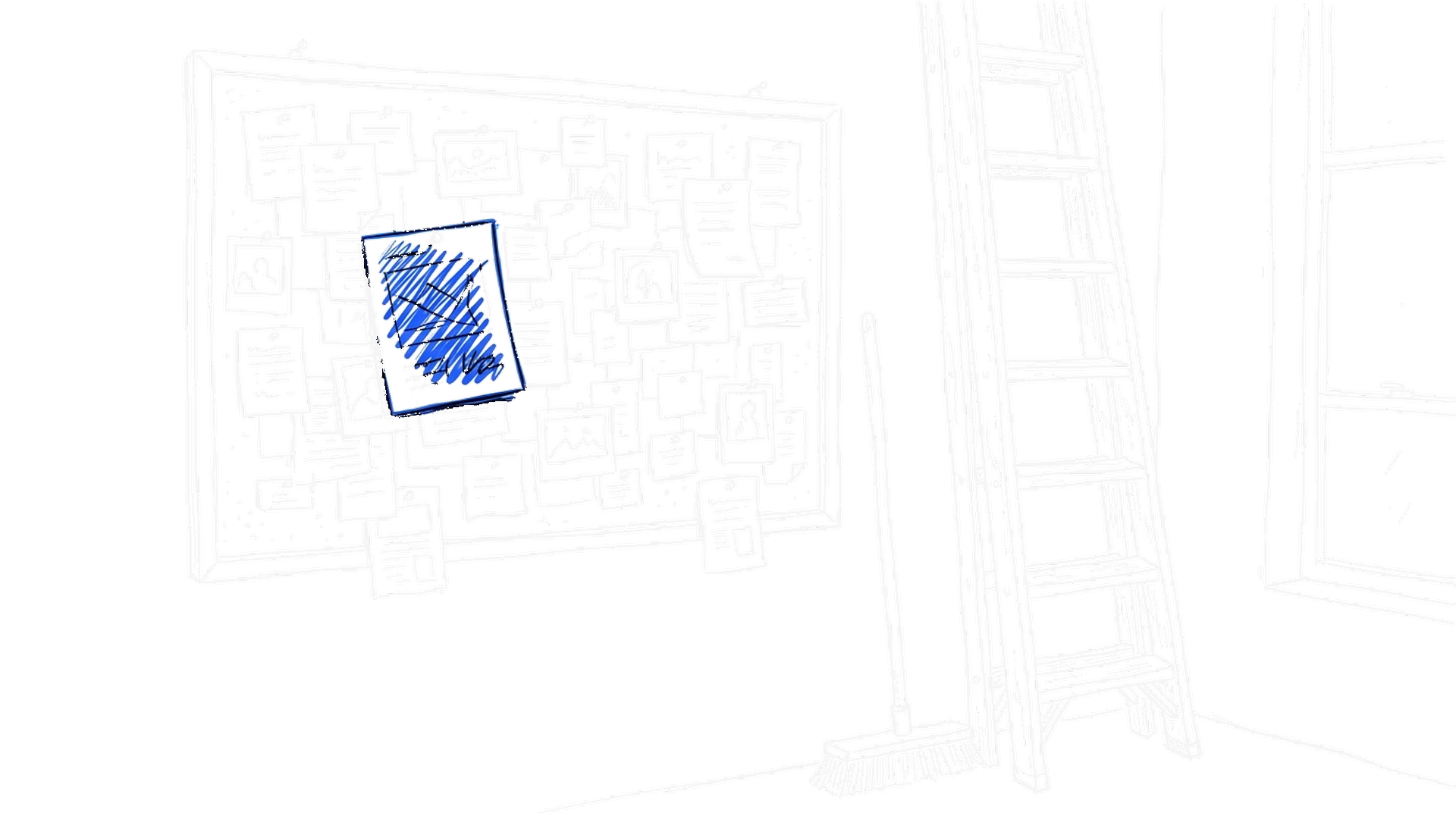 Illustration eines Schwarzen Bretts voller angehefteter Notizen mit Besen und Leiter, kinewsletter.ch Stil
