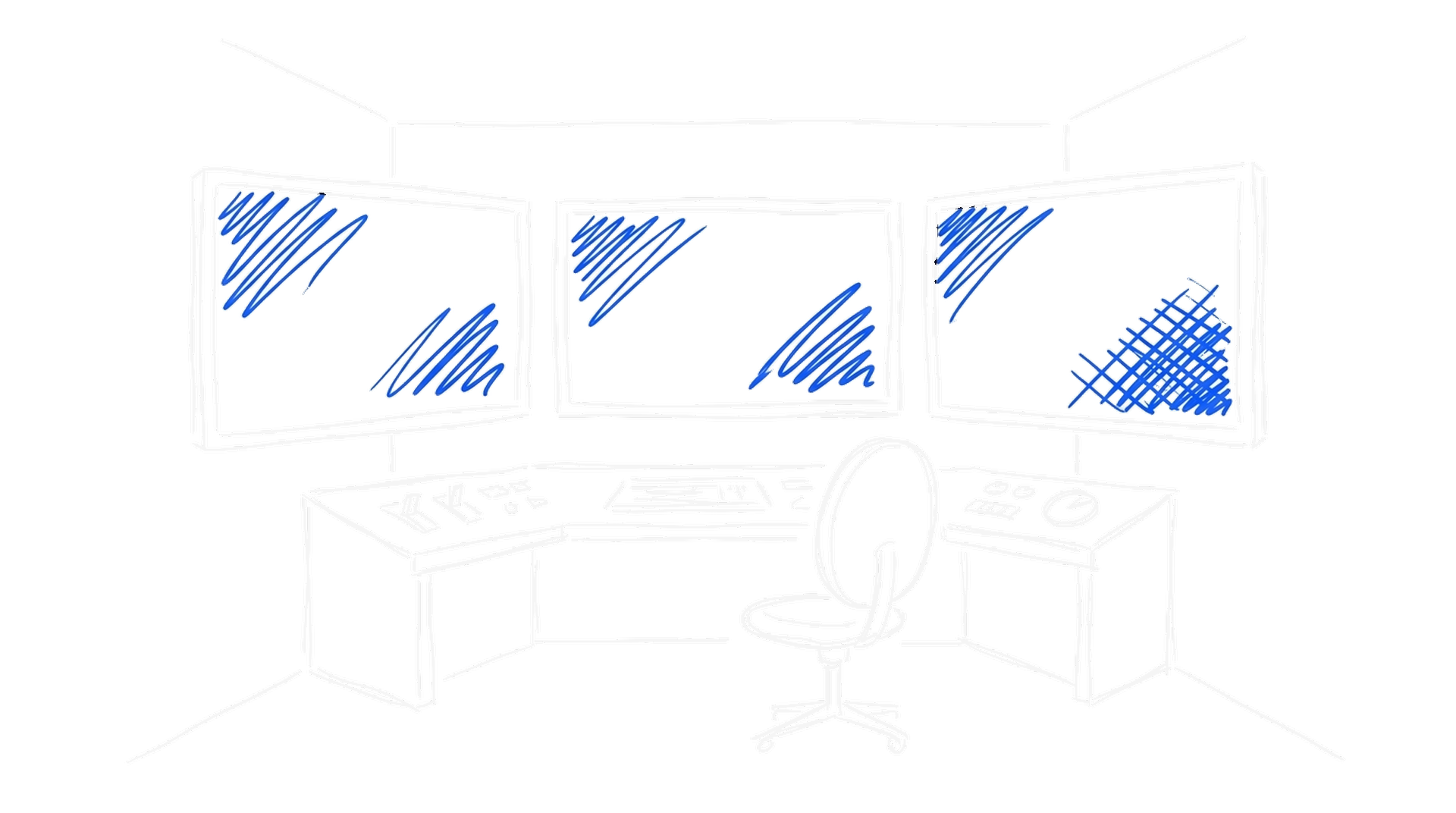 Illustration eines leeren Kontrollraums mit drei Monitoren voller Störungslinien, kinewsletter.ch Stil
