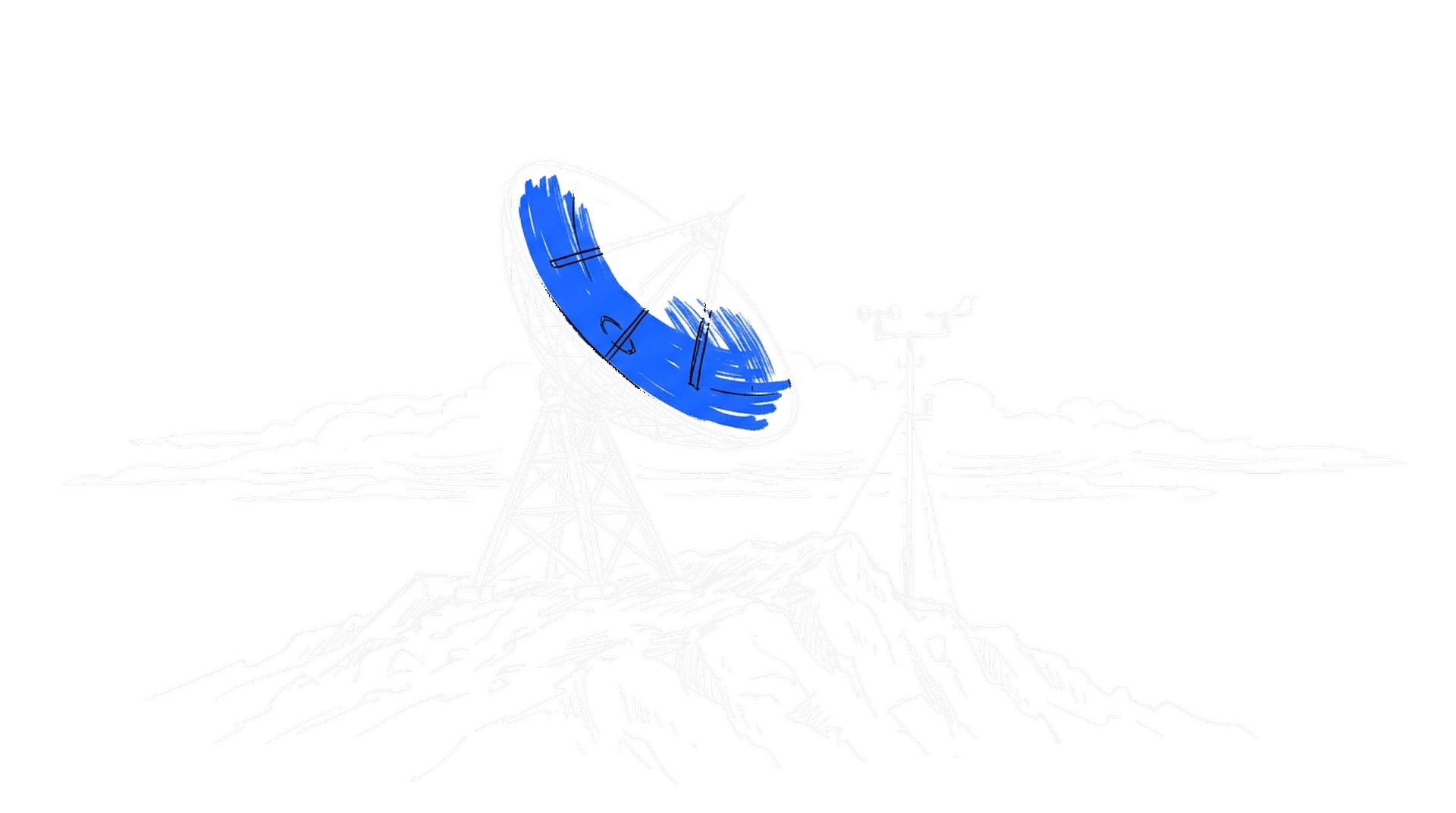 Illustration einer Parabolantenne auf einem Bergkamm mit Wettermast und Wolkenbank, kinewsletter.ch Stil