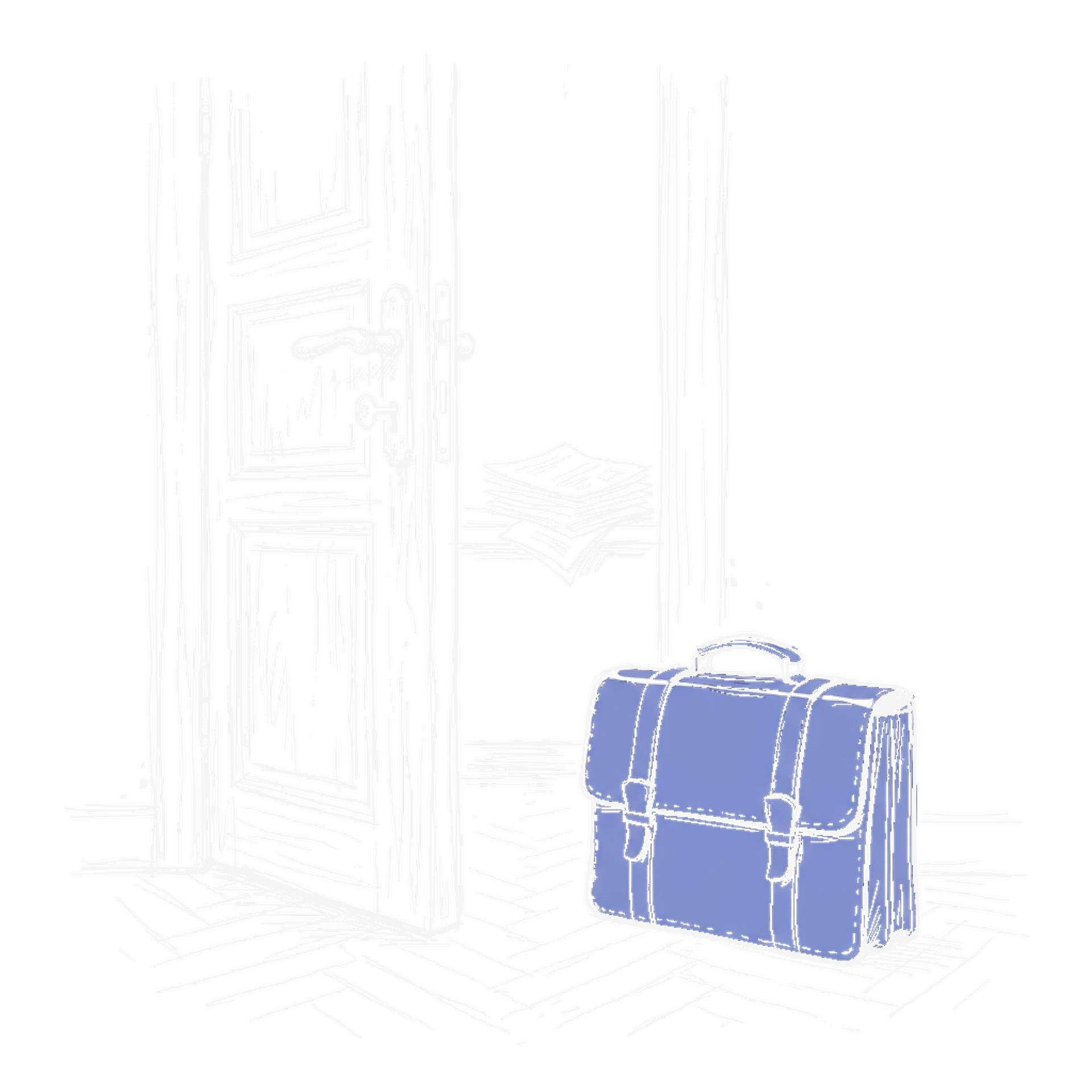 Illustration einer halb geoeffneten Buerotuer mit Aktentasche und Schluessel (Dark Mode), kinewsletter.ch Stil