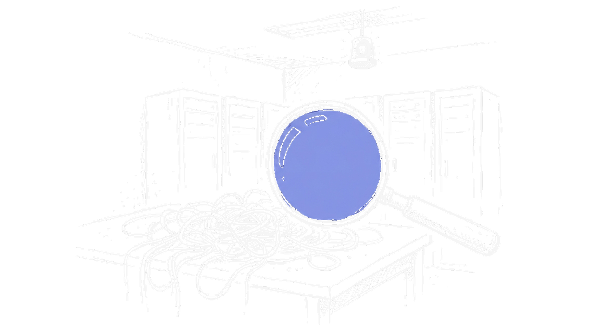 Illustration einer Lupe über verheddertem Kabelhaufen in einem Serverraum mit Warnlicht (Dark Mode), kinewsletter.ch Stil