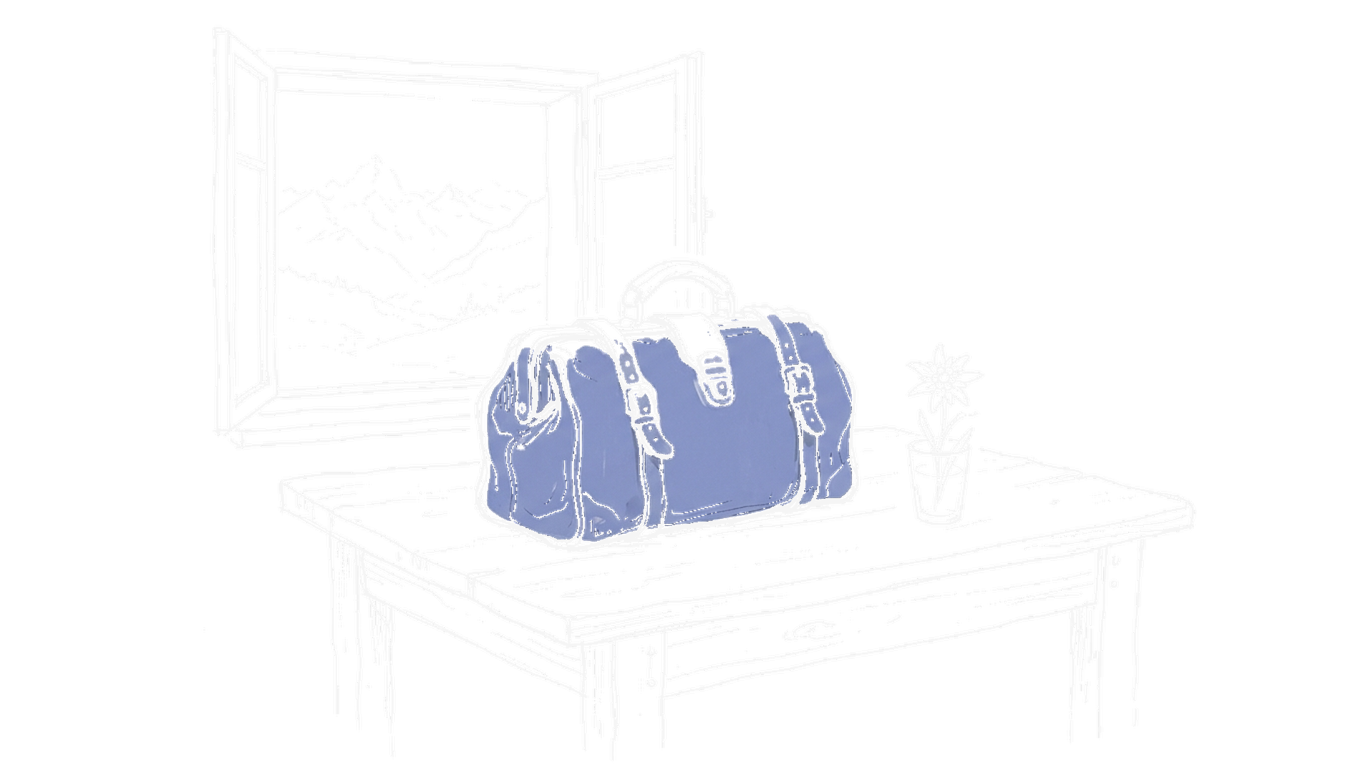 Illustration einer Arzttasche auf einem Schweizer Holztisch mit Bergpanorama (Dark Mode), kinewsletter.ch Stil