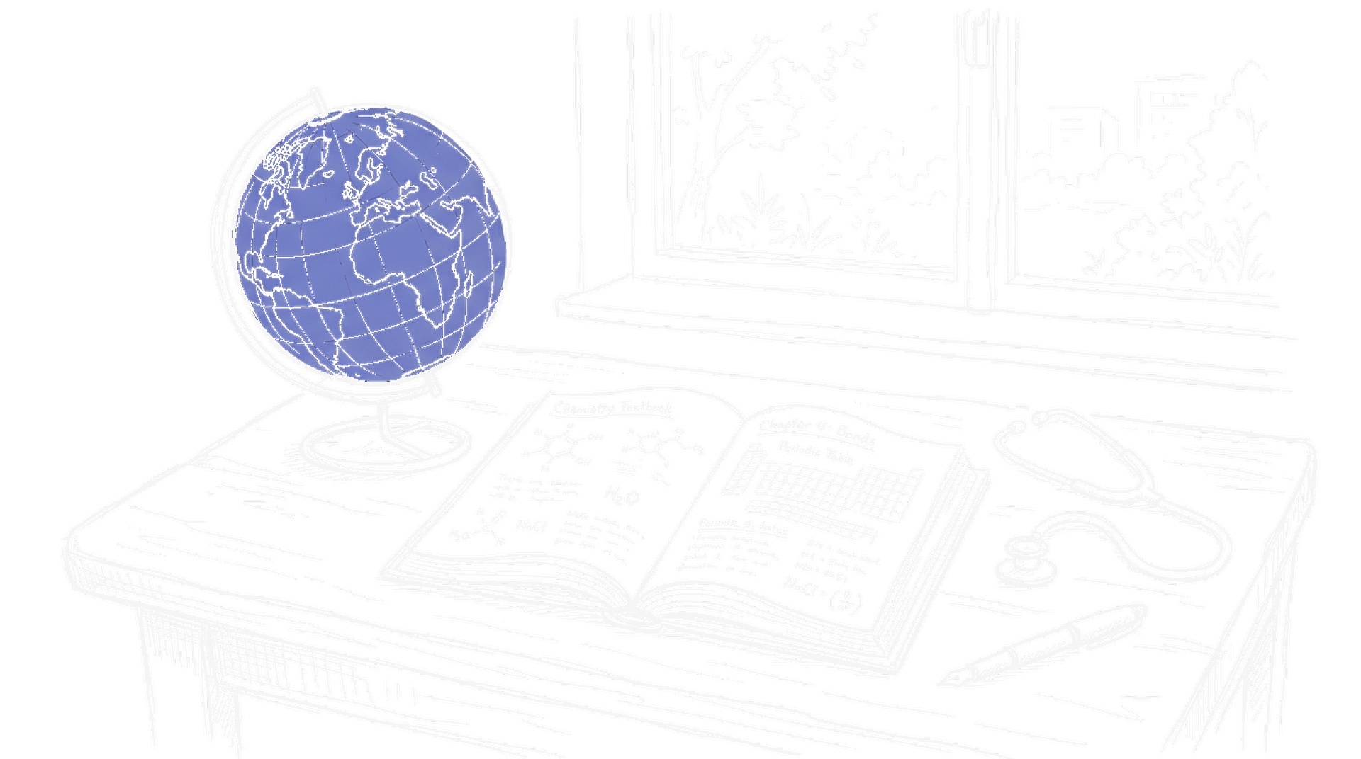 Globus auf Pult mit Lehrbuch, Stethoskop und Füller – kinewsletter.ch Stil (dark)