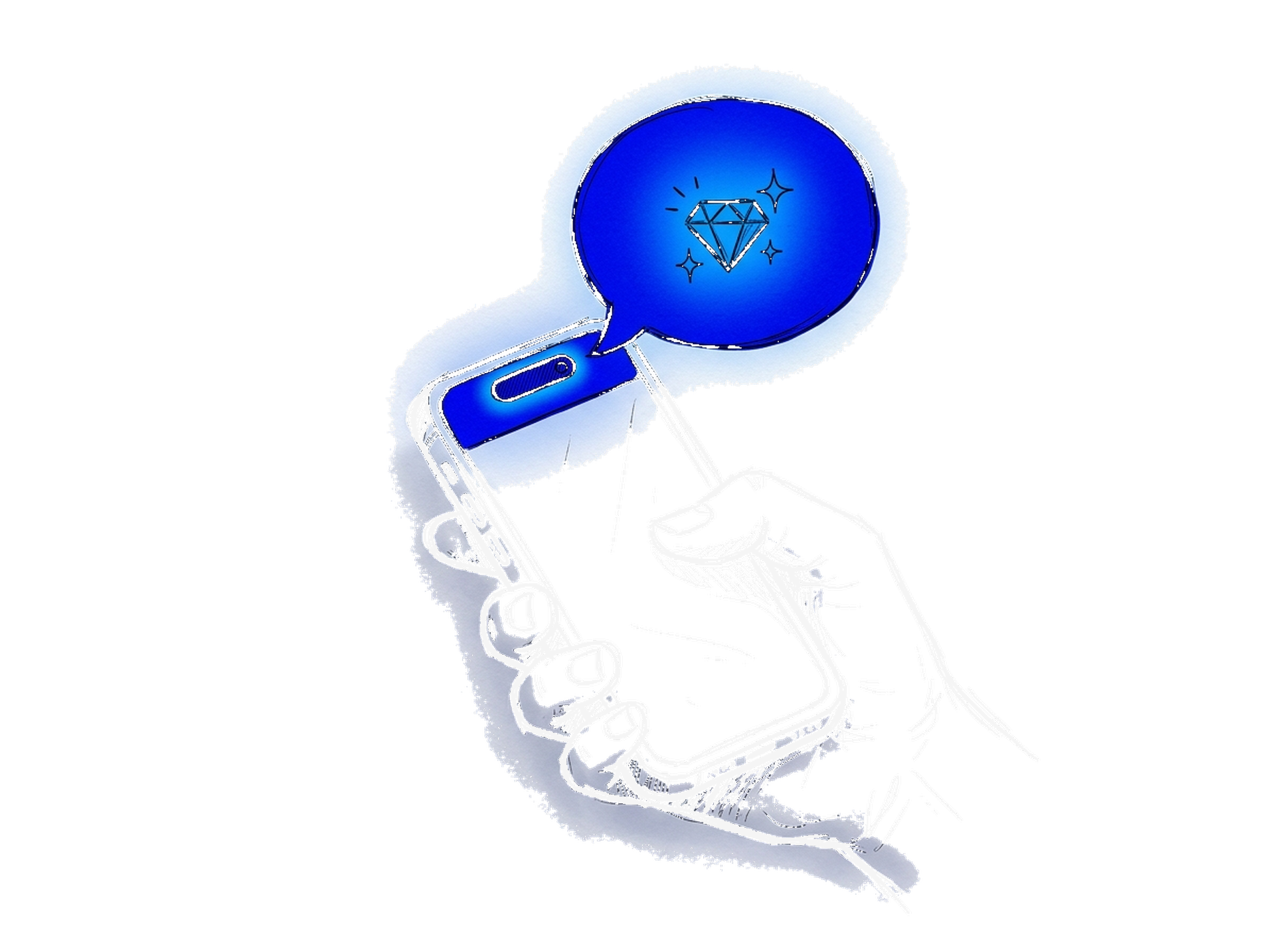 Skizze einer Hand, die ein Smartphone hält, aus dessen pillenförmigem Schlitz oben eine Sprechblase mit funkelndem Edelstein-Symbol aufsteigt (Dark)