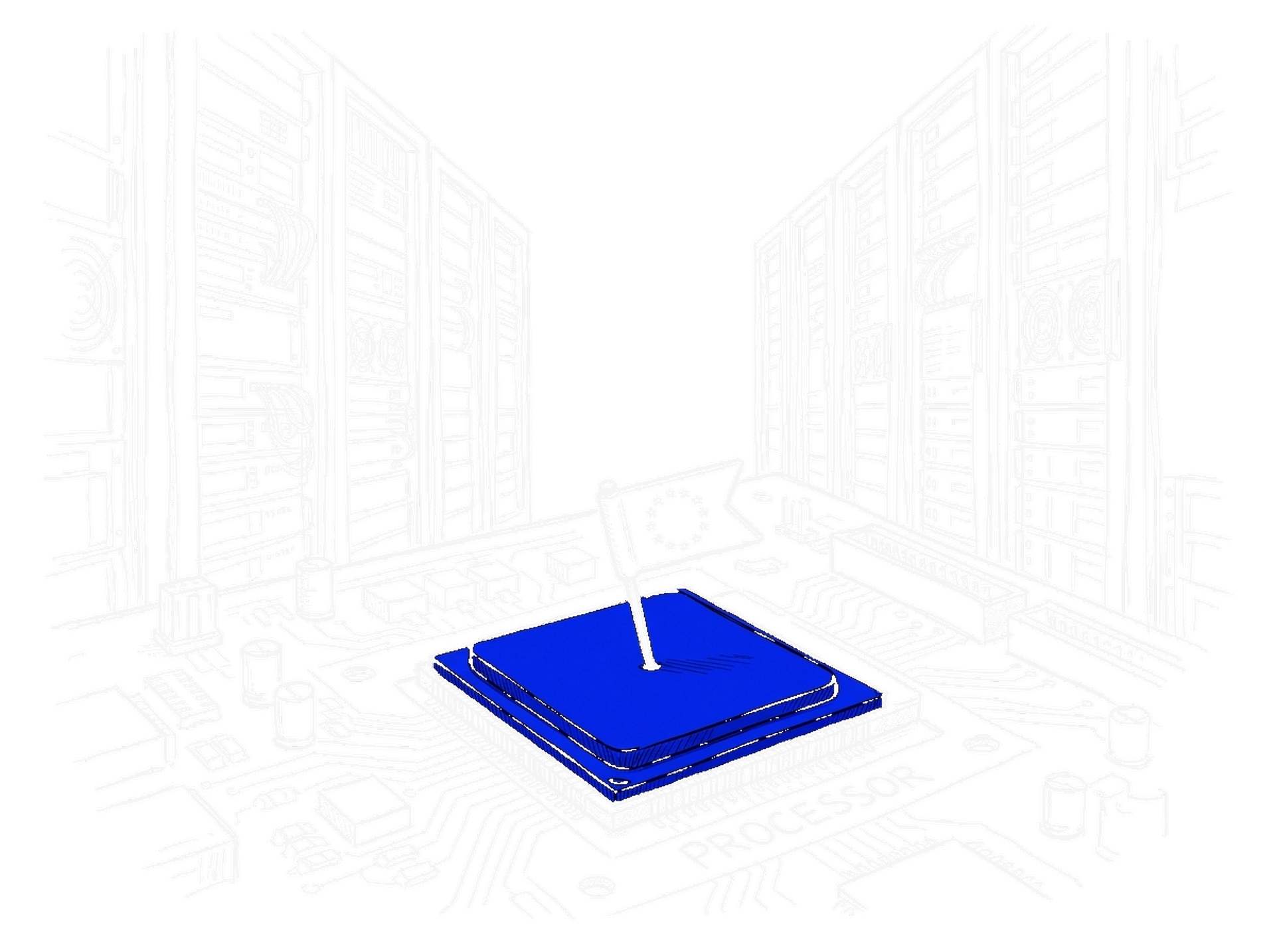 Skizze eines Computerchips auf einer Platine vor Reihen hoher Serverschränke, eine kleine Fahne mit Sternenkreis steckt auf dem Chip (Dark)