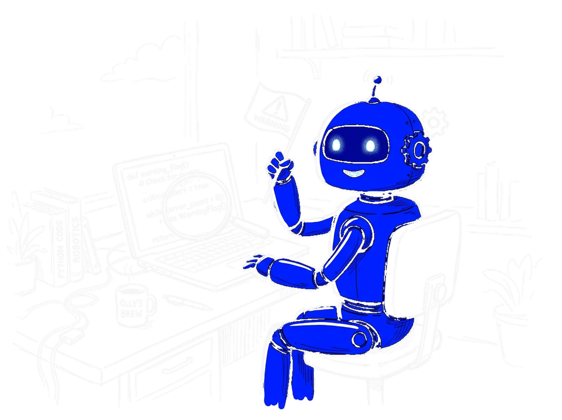 Skizze eines freundlichen Roboters am Schreibtisch, der eine Hand mit einer kleinen Warnflagge hebt, davor ein Laptop mit Code und eine Lupe (Dark)