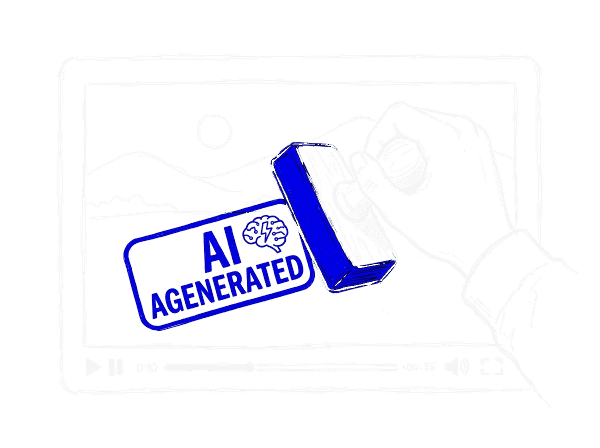 Skizze eines Video-Players, auf den eine Hand einen elektroblauen Stempel mit KI-Label drückt (Dark)