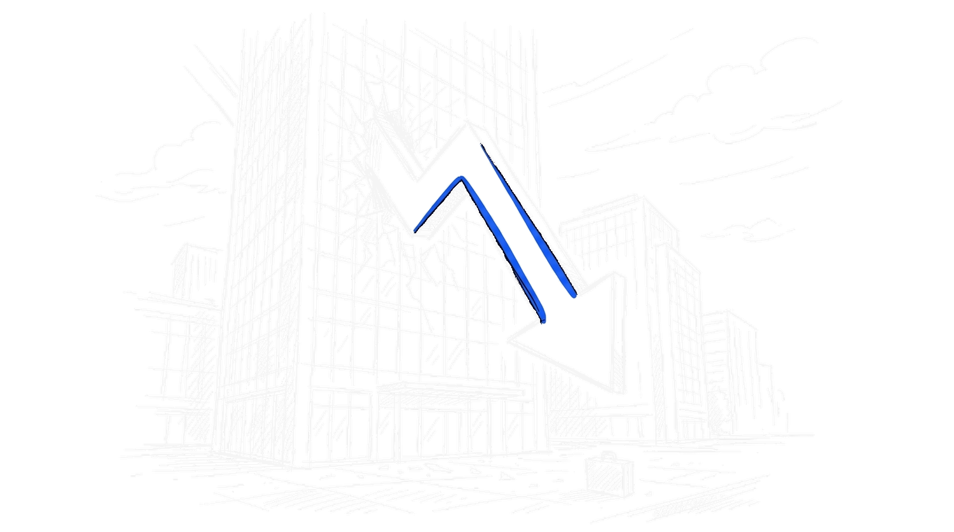 Illustration eines fallenden Börsenpfeils an einem Bürohochhaus, kinewsletter.ch Stil