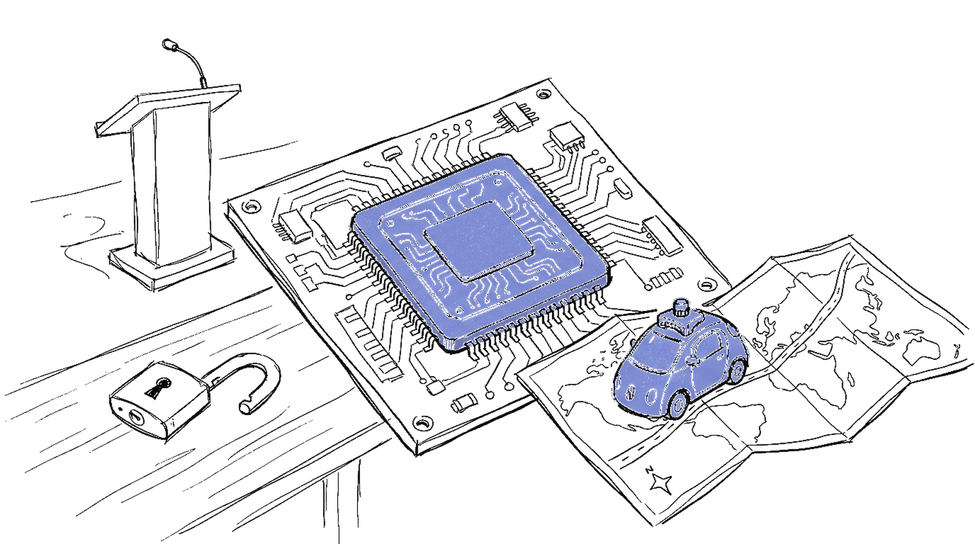 Handgezeichnete Skizze: GPU-Chip mit Rakete und Benchmark-Diagramm – NVIDIA Nemotron 3 Super und Alpamayo