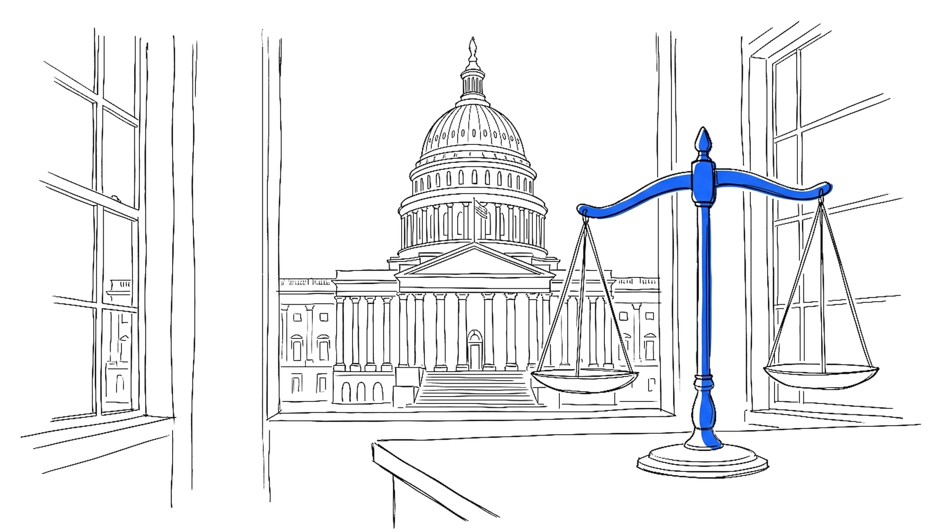 Illustration eines Kapitols mit Waage der Justiz, kinewsletter.ch Stil