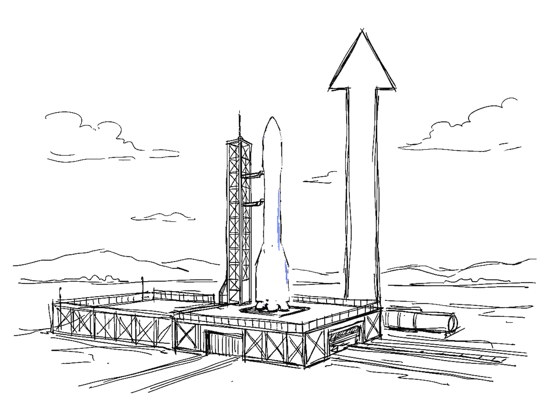 Skizze einer Rakete auf einer Startrampe neben einem grossen nach oben zeigenden Pfeil, Startturm, Hügel im Hintergrund, kinewsletter.ch Stil