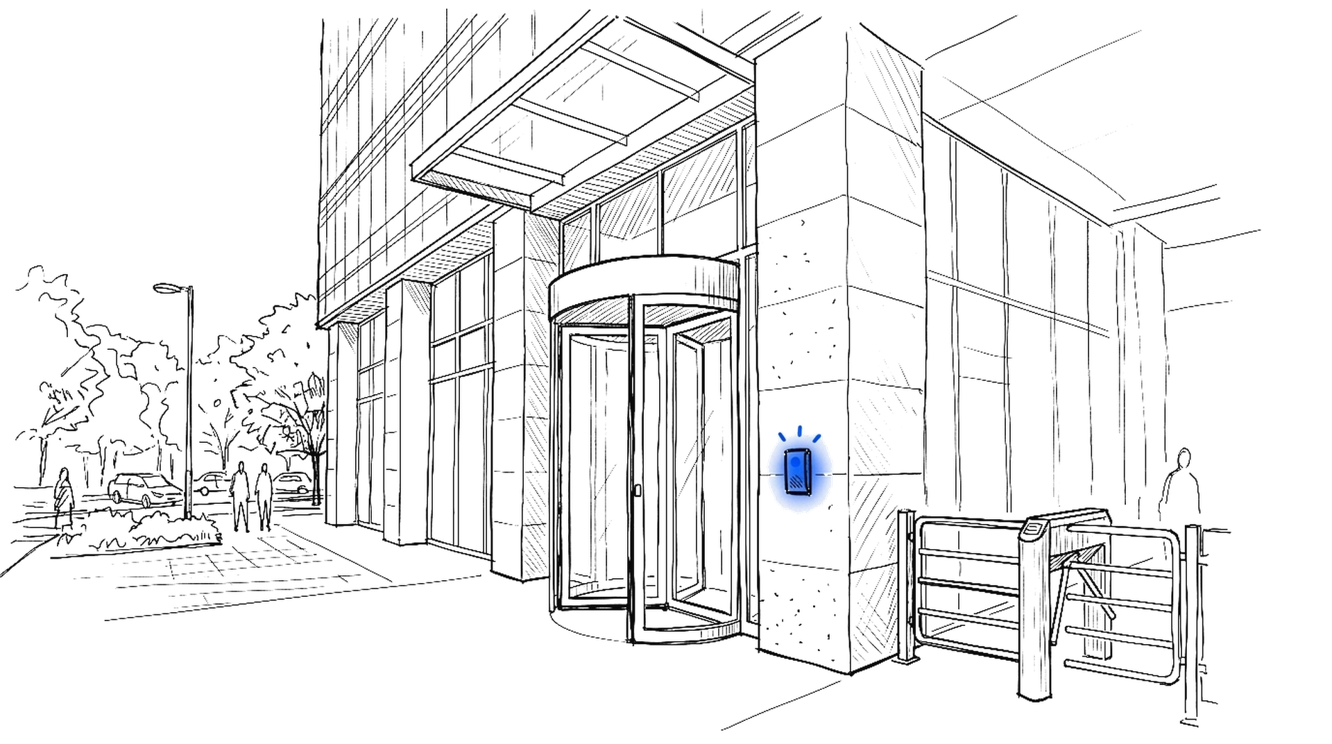 Illustration eines Bankeingangs mit Drehtür und Zutrittsleser, kinewsletter.ch Stil
