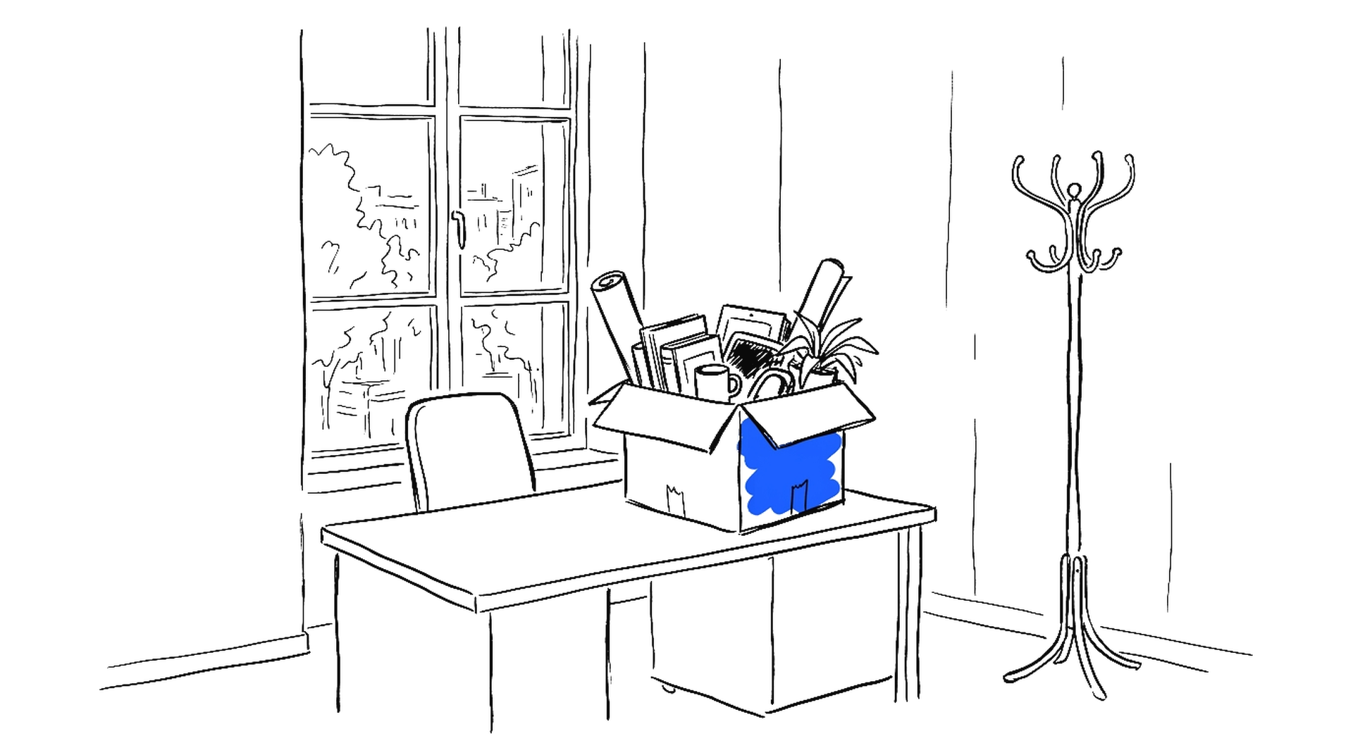 Illustration eines geräumten Bürotischs mit gepackter Umzugskiste und leerem Garderobenständer, kinewsletter.ch Stil