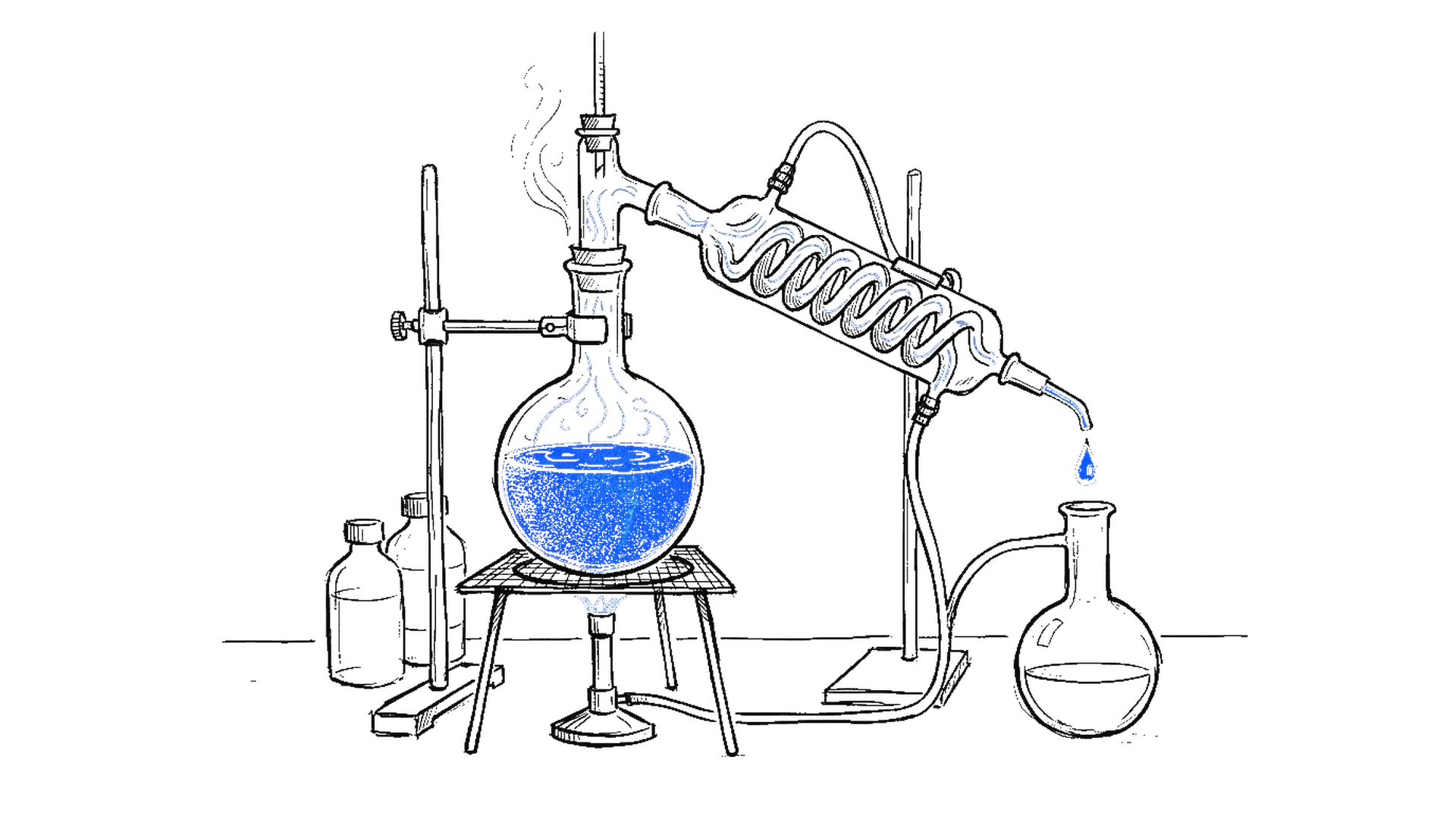 Illustration einer Destillations-Apparatur mit blau leuchtendem Kolben, kinewsletter.ch Stil