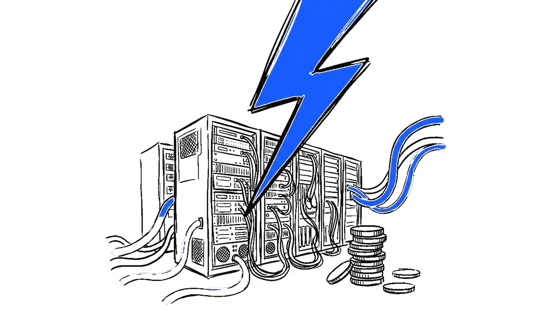 Illustration eines Blitzes, der in Serverschraenke einschlaegt, kinewsletter.ch Stil