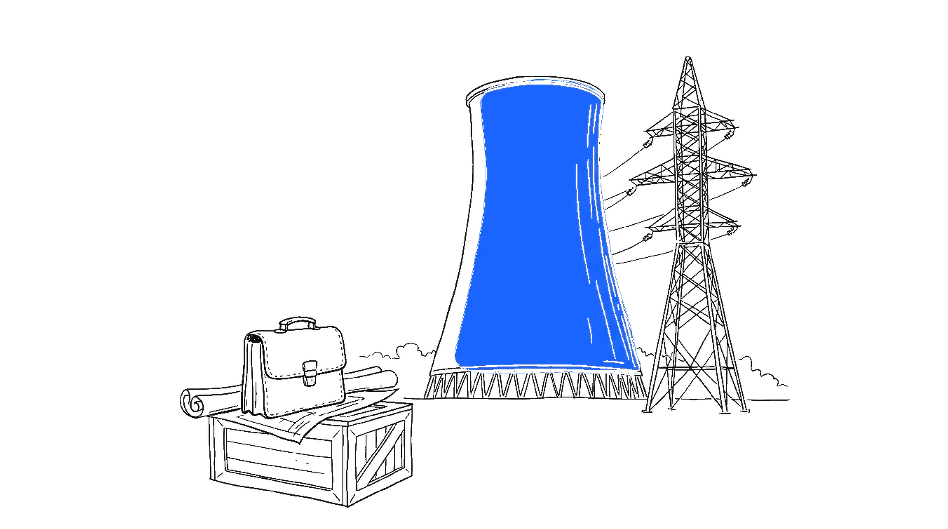 Illustration eines Kuehlturms mit Strommast und Bauplaenen, kinewsletter.ch Stil