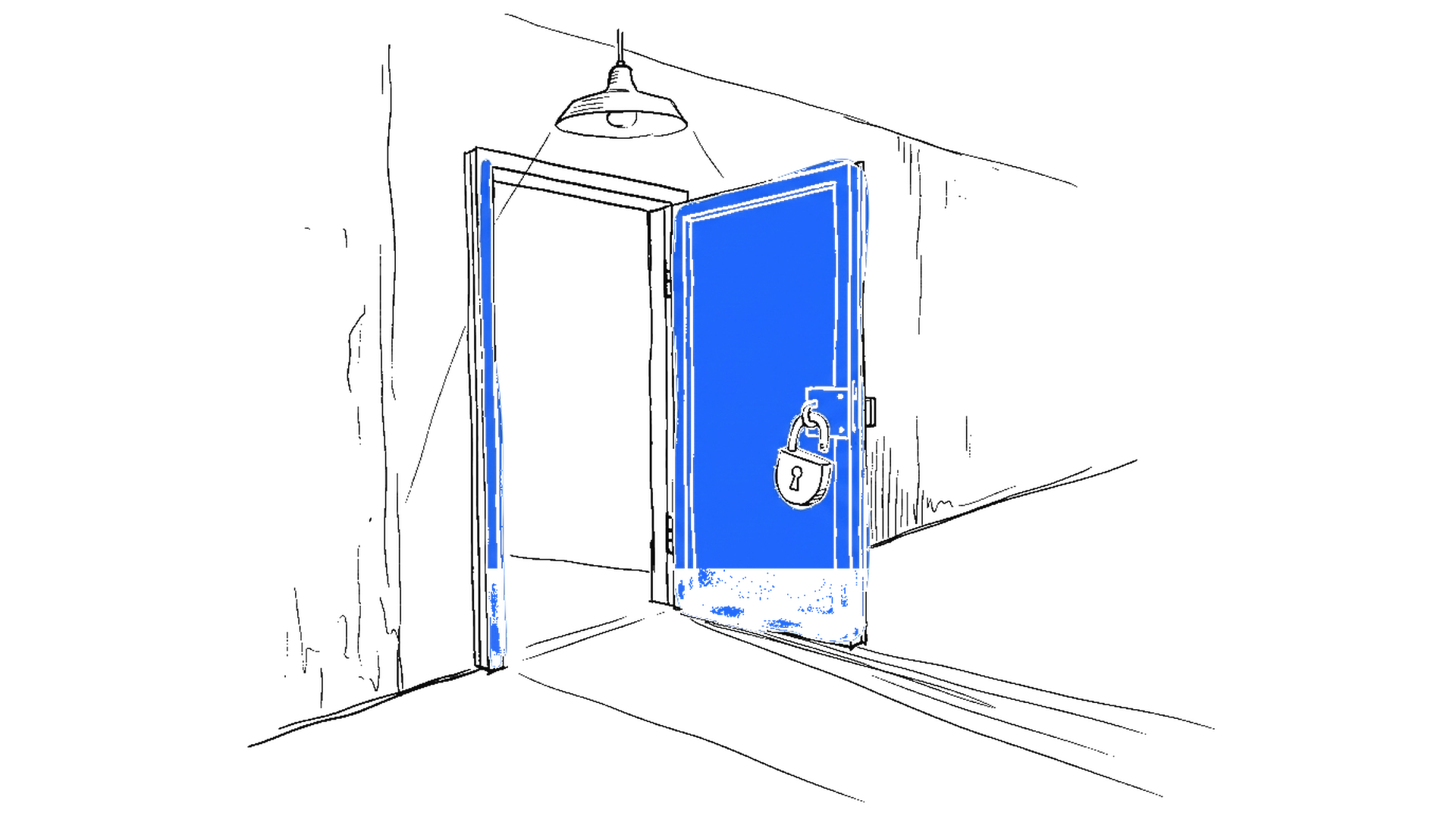 Illustration einer leicht offenstehenden Tuer mit offenem Vorhaengeschloss, kinewsletter.ch Stil
