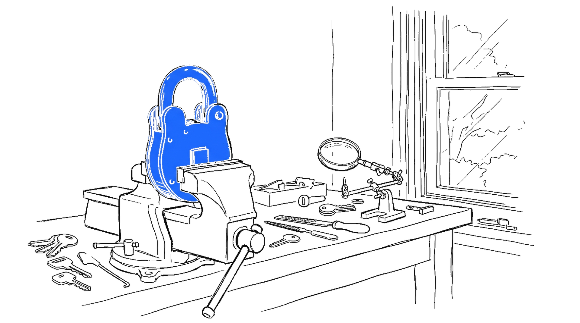 Illustration einer Schlosserwerkbank mit blauem Vorhaengeschloss im Schraubstock, kinewsletter.ch Stil