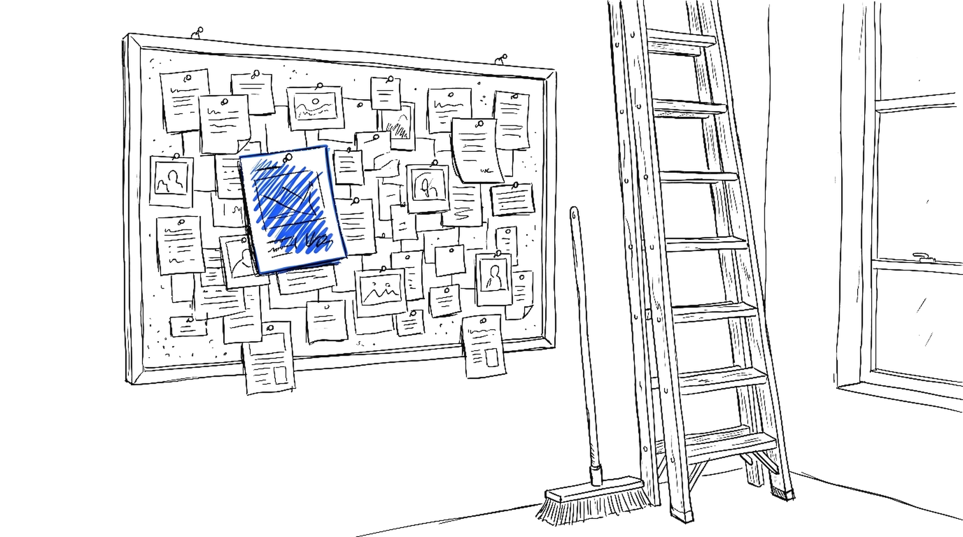 Illustration eines Schwarzen Bretts voller angehefteter Notizen mit Besen und Leiter, kinewsletter.ch Stil