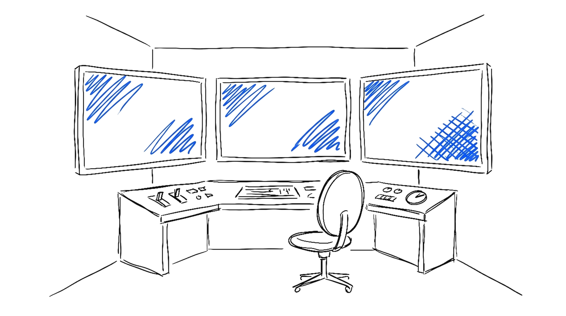 Illustration eines leeren Kontrollraums mit drei Monitoren voller Störungslinien, kinewsletter.ch Stil