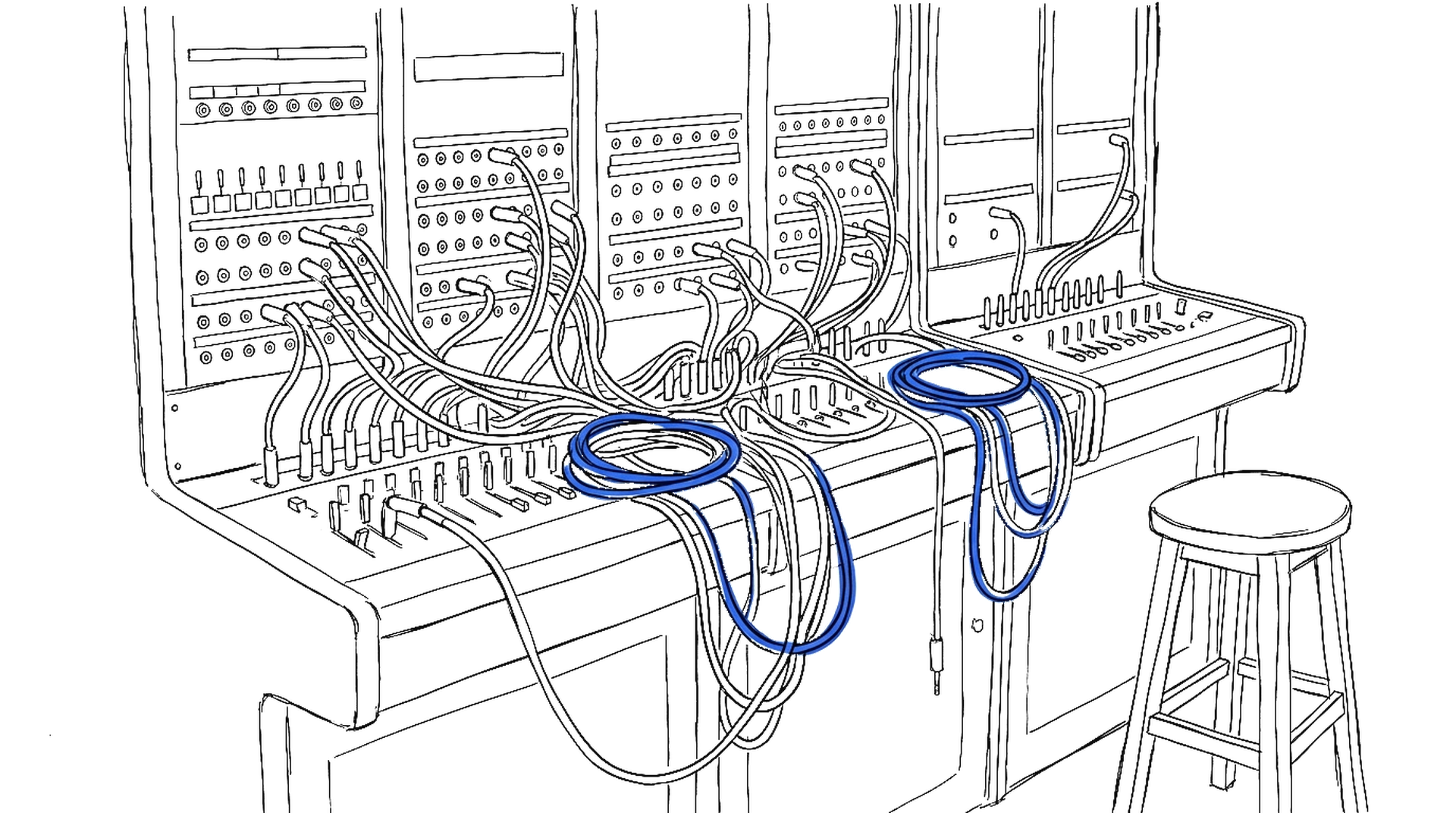 Illustration eines Telefon-Vermittlungsschranks mit elektroblauen Patchkabeln, kinewsletter.ch Stil