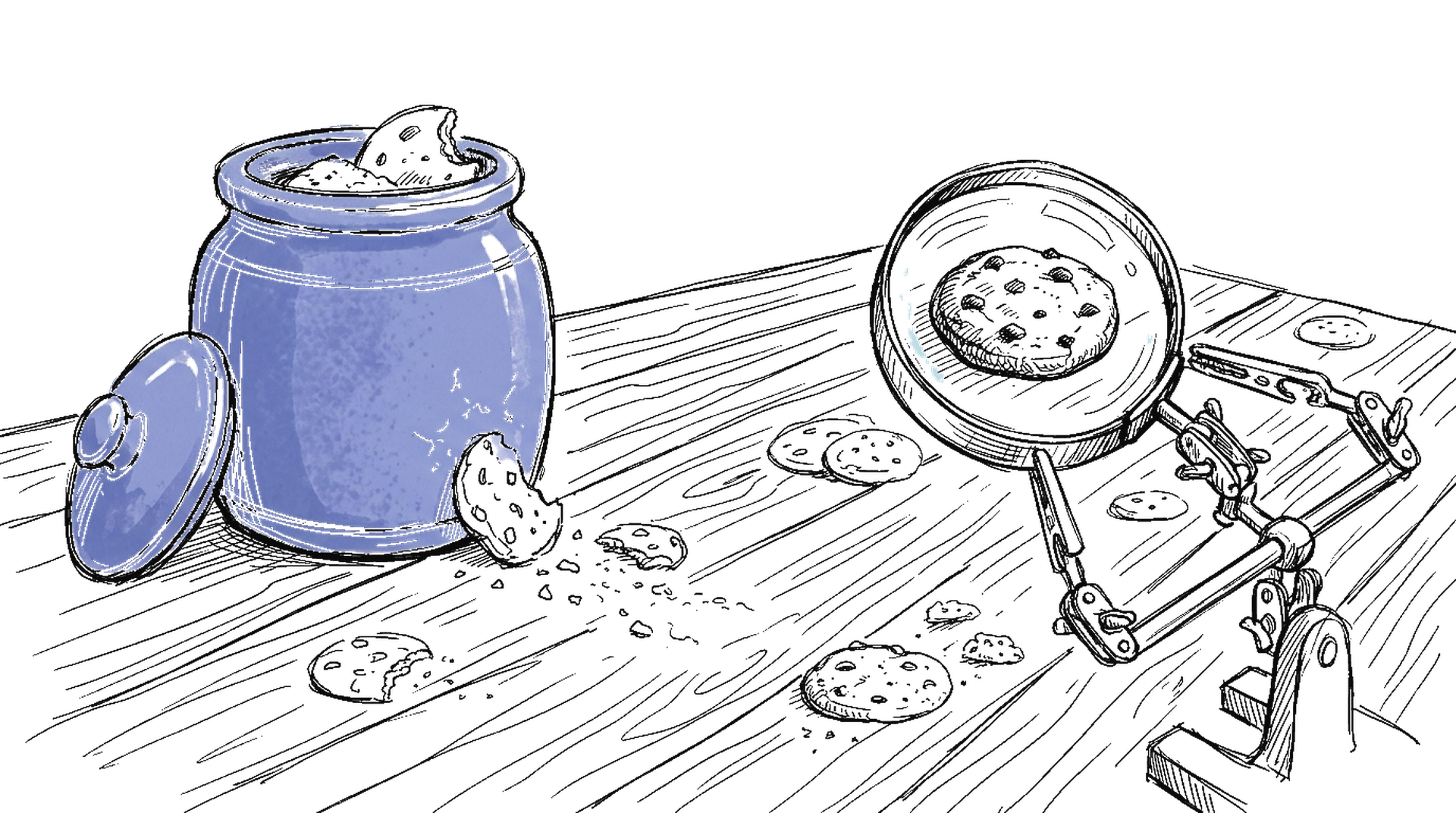 Illustration: Keksdose mit Krümeln und Lupe, kinewsletter.ch Stil