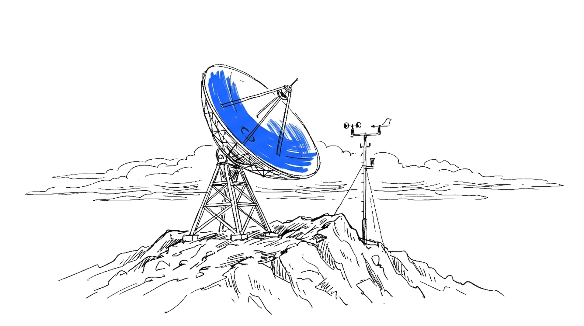 Illustration einer Parabolantenne auf einem Bergkamm mit Wettermast und Wolkenbank, kinewsletter.ch Stil