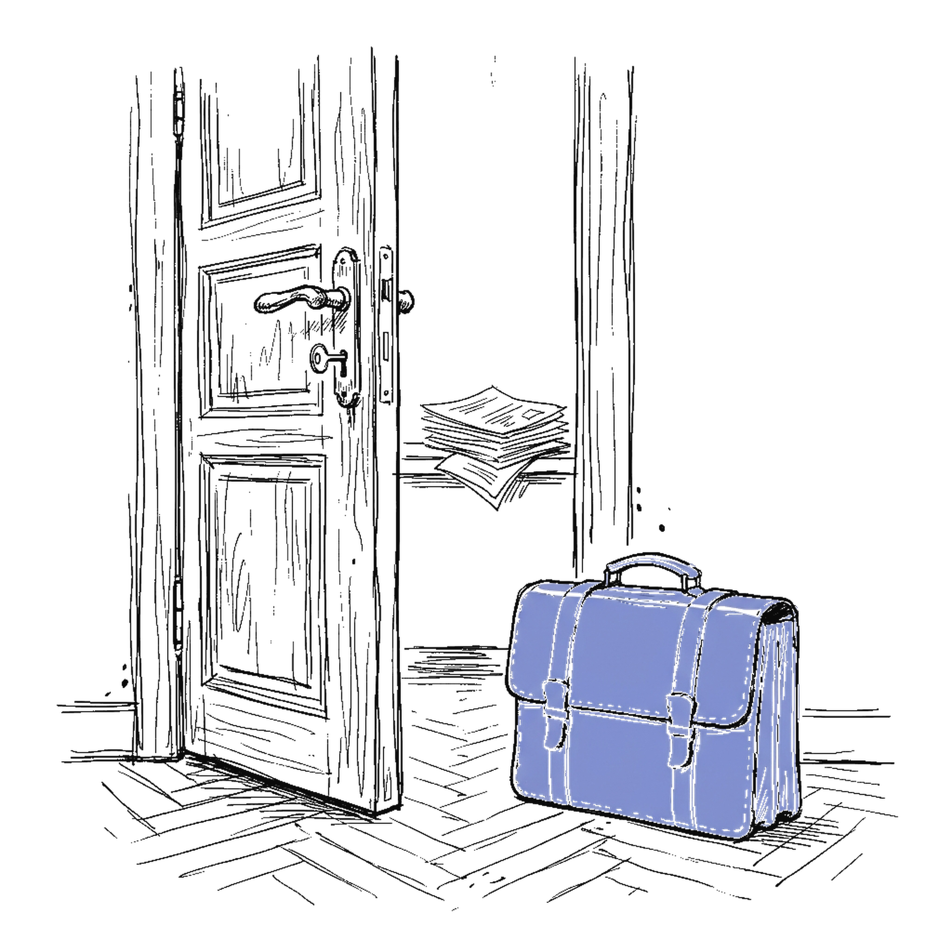 Illustration einer halb geoeffneten Buerotuer mit Aktentasche und Schluessel, kinewsletter.ch Stil