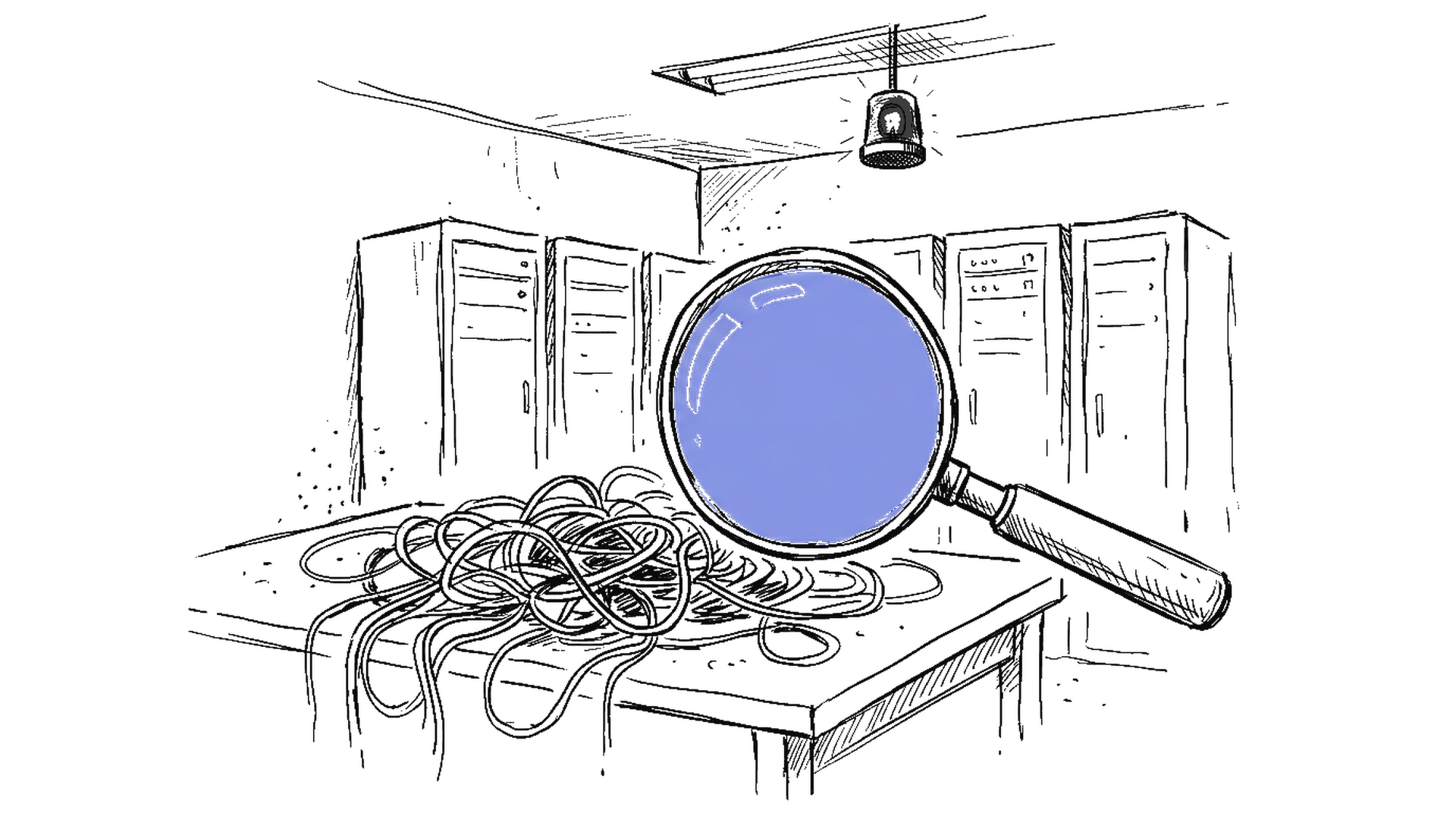 Illustration einer Lupe über verheddertem Kabelhaufen in einem Serverraum mit Warnlicht, kinewsletter.ch Stil