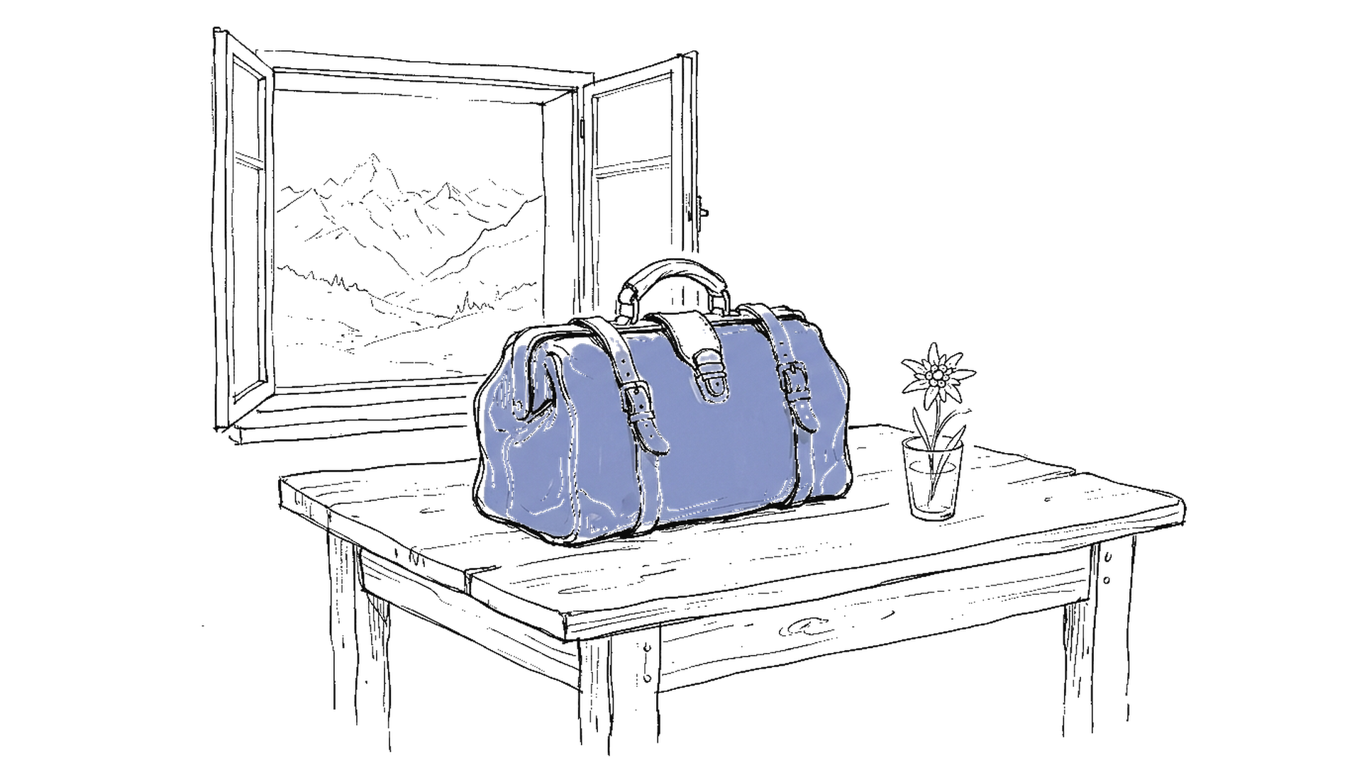 Illustration einer Arzttasche auf einem Schweizer Holztisch mit Bergpanorama, kinewsletter.ch Stil