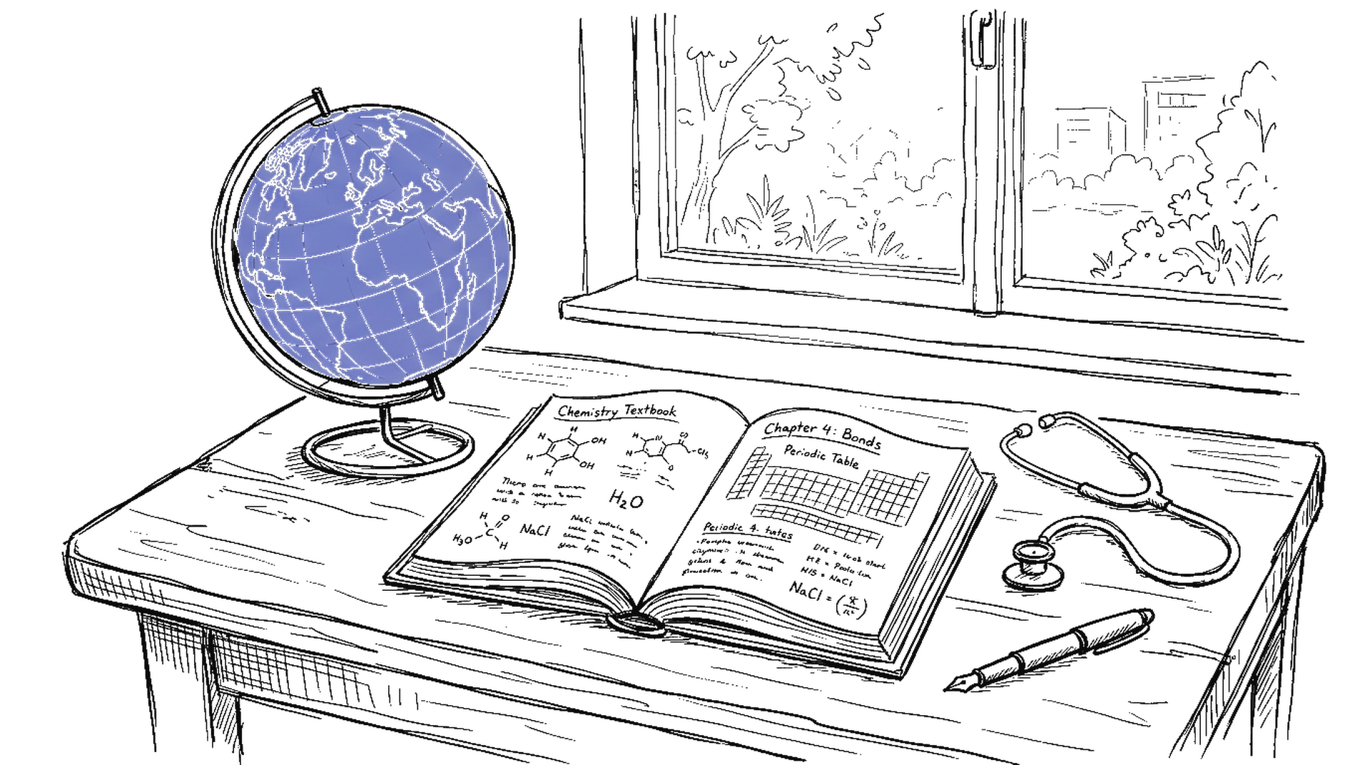 Globus auf Klassenzimmer-Pult mit Lehrbuch, Stethoskop und Fueller – kinewsletter.ch Illustration