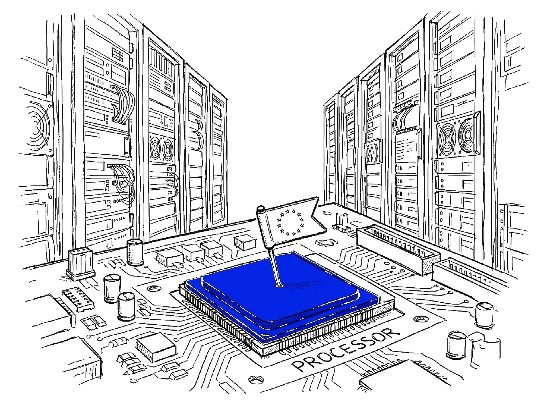 Skizze eines Computerchips auf einer Platine vor Reihen hoher Serverschränke, eine kleine Fahne mit Sternenkreis steckt auf dem Chip