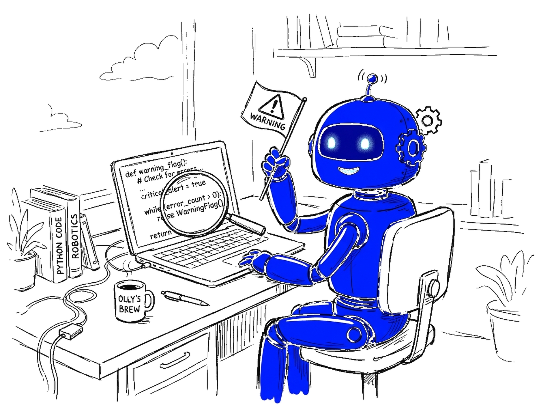 Skizze eines freundlichen Roboters am Schreibtisch, der eine Hand mit einer kleinen Warnflagge hebt, davor ein Laptop mit Code und eine Lupe