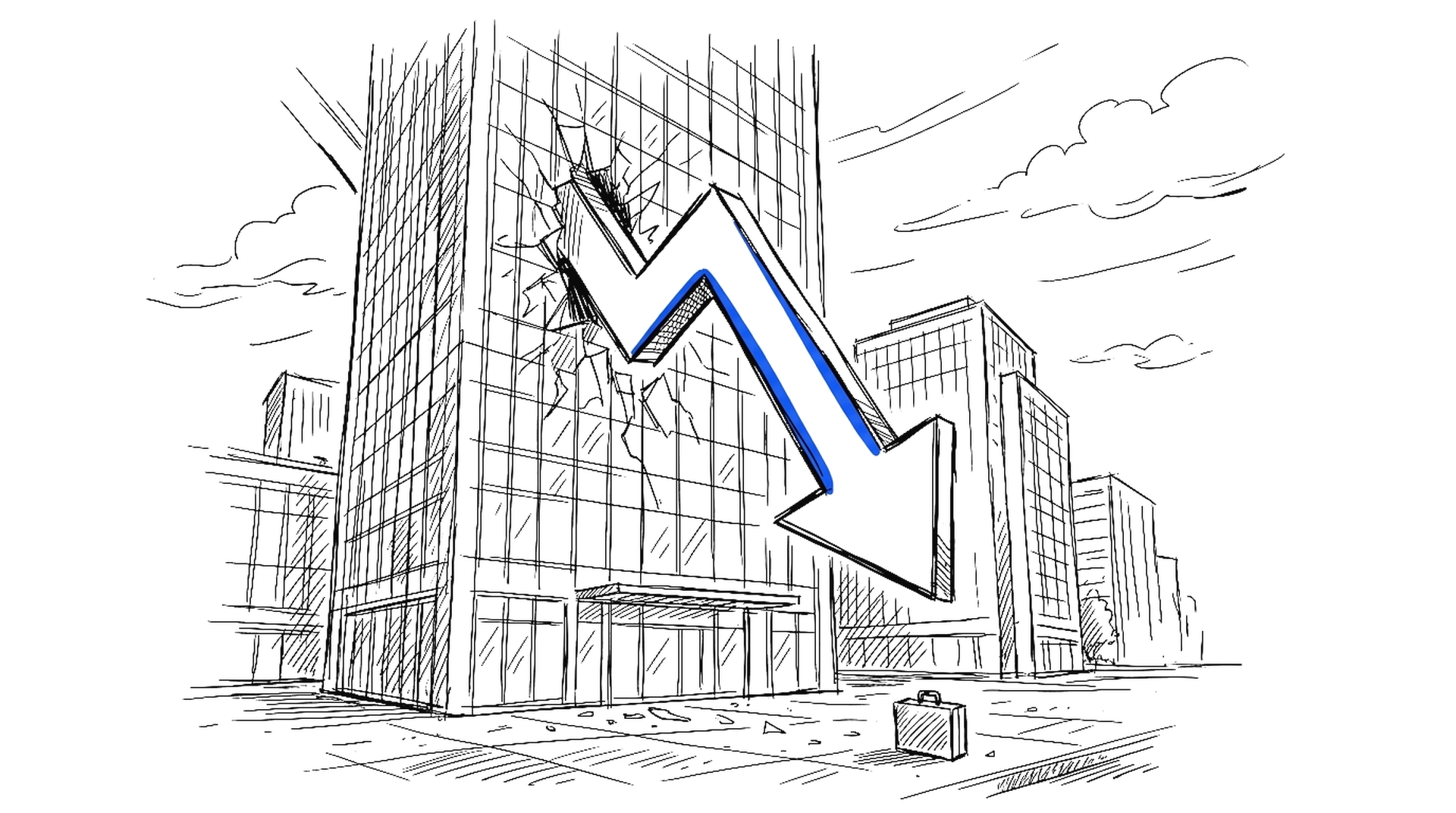 Illustration eines fallenden Börsenpfeils an einem Bürohochhaus, kinewsletter.ch Stil