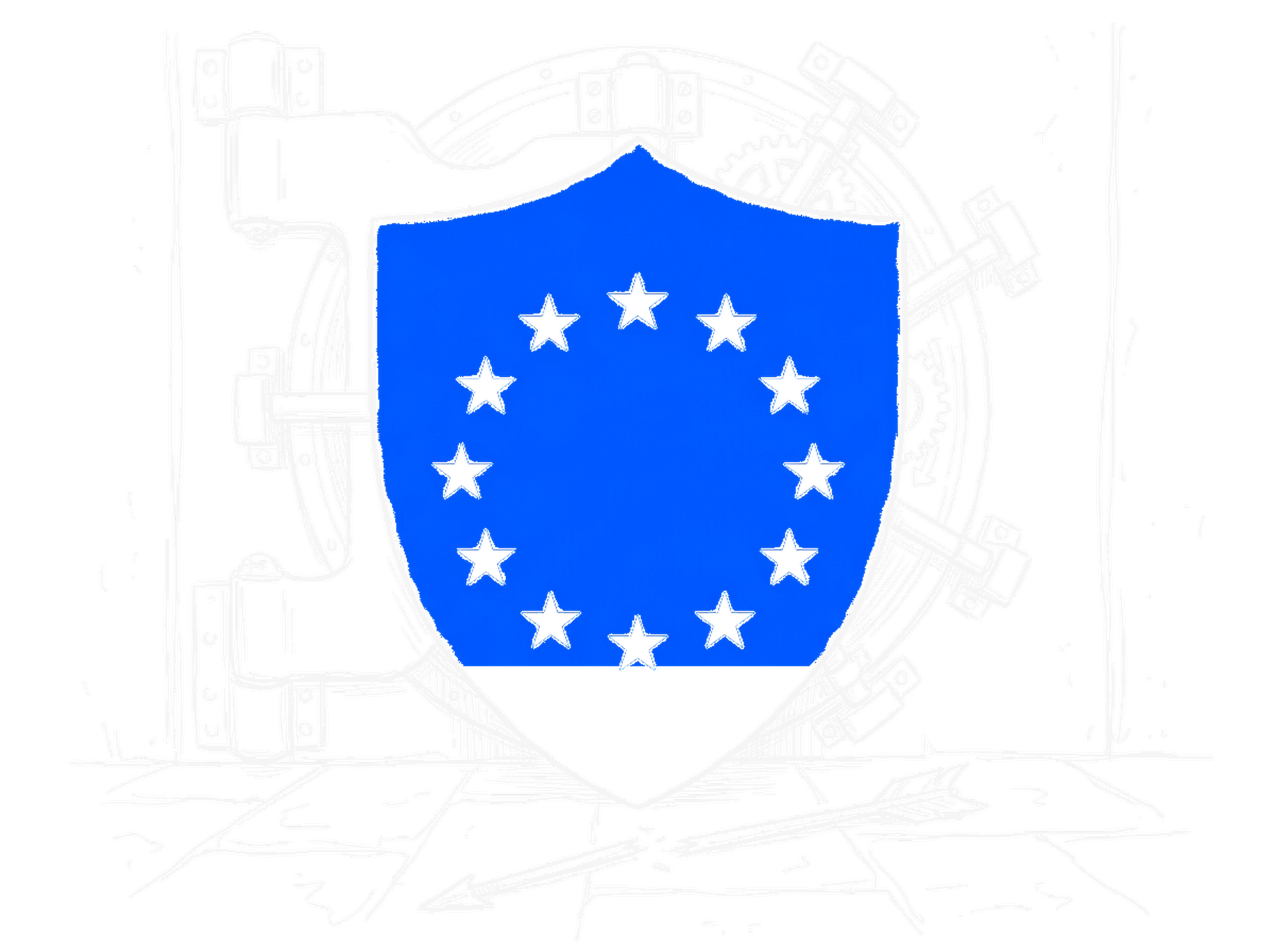 Skizze eines heraldischen Schildes mit den zwölf EU-Sternen in Elektroblau, davor eine grosse Banktresor-Tür (Dark)