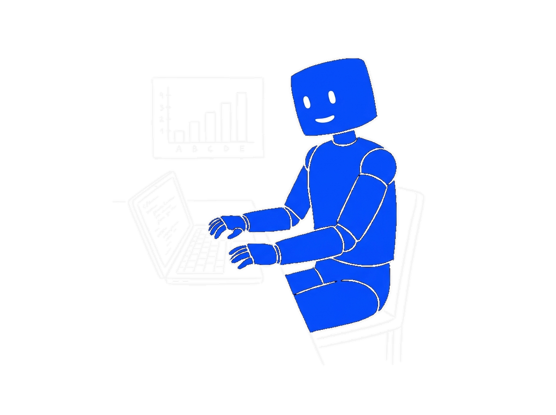 Skizze eines elektroblauen Roboters, der auf einem Laptop tippt, im Hintergrund ein steigendes Balkendiagramm (Dark)