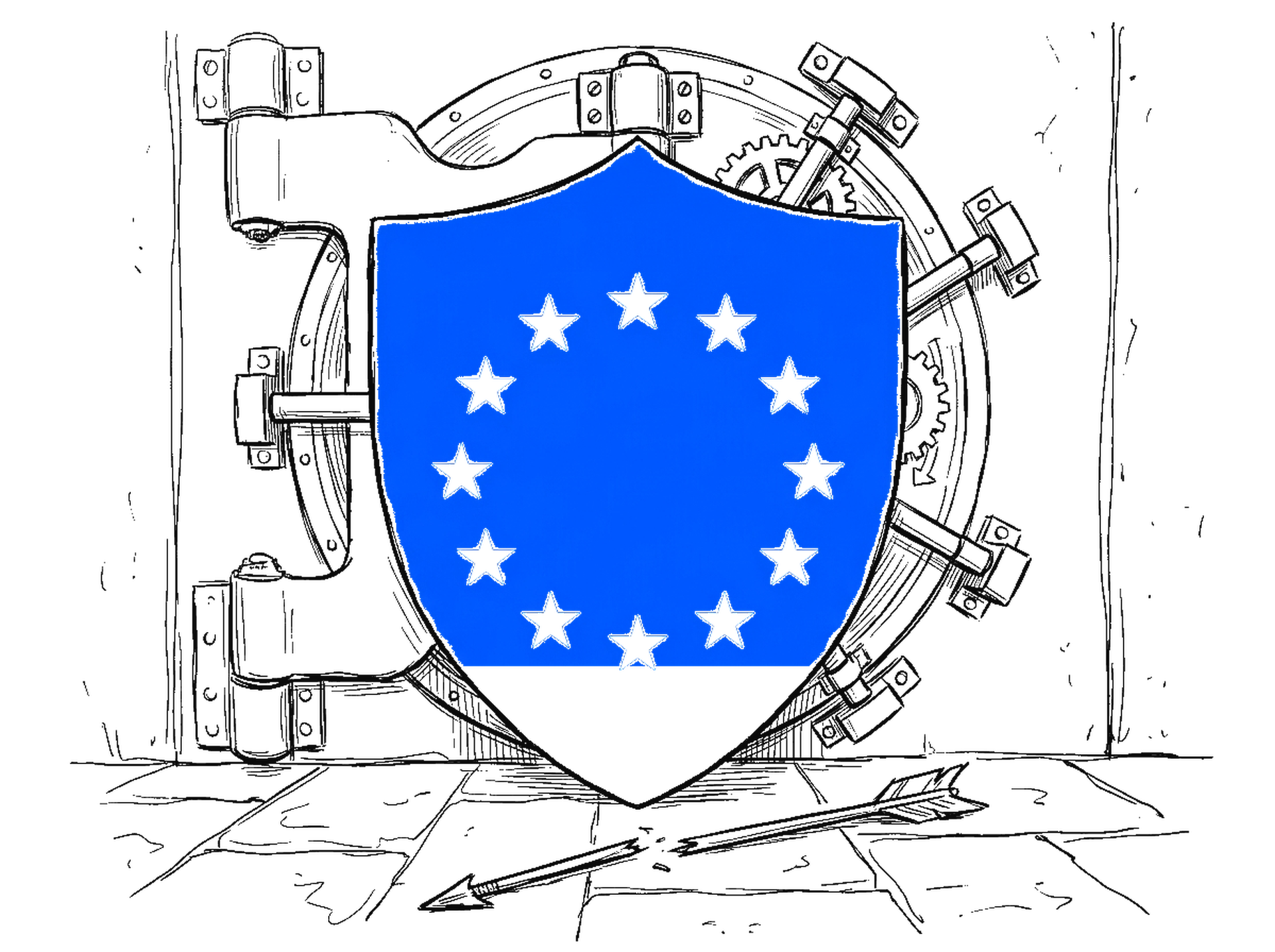 Skizze eines heraldischen Schildes mit den zwölf EU-Sternen in Elektroblau, davor eine grosse Banktresor-Tür