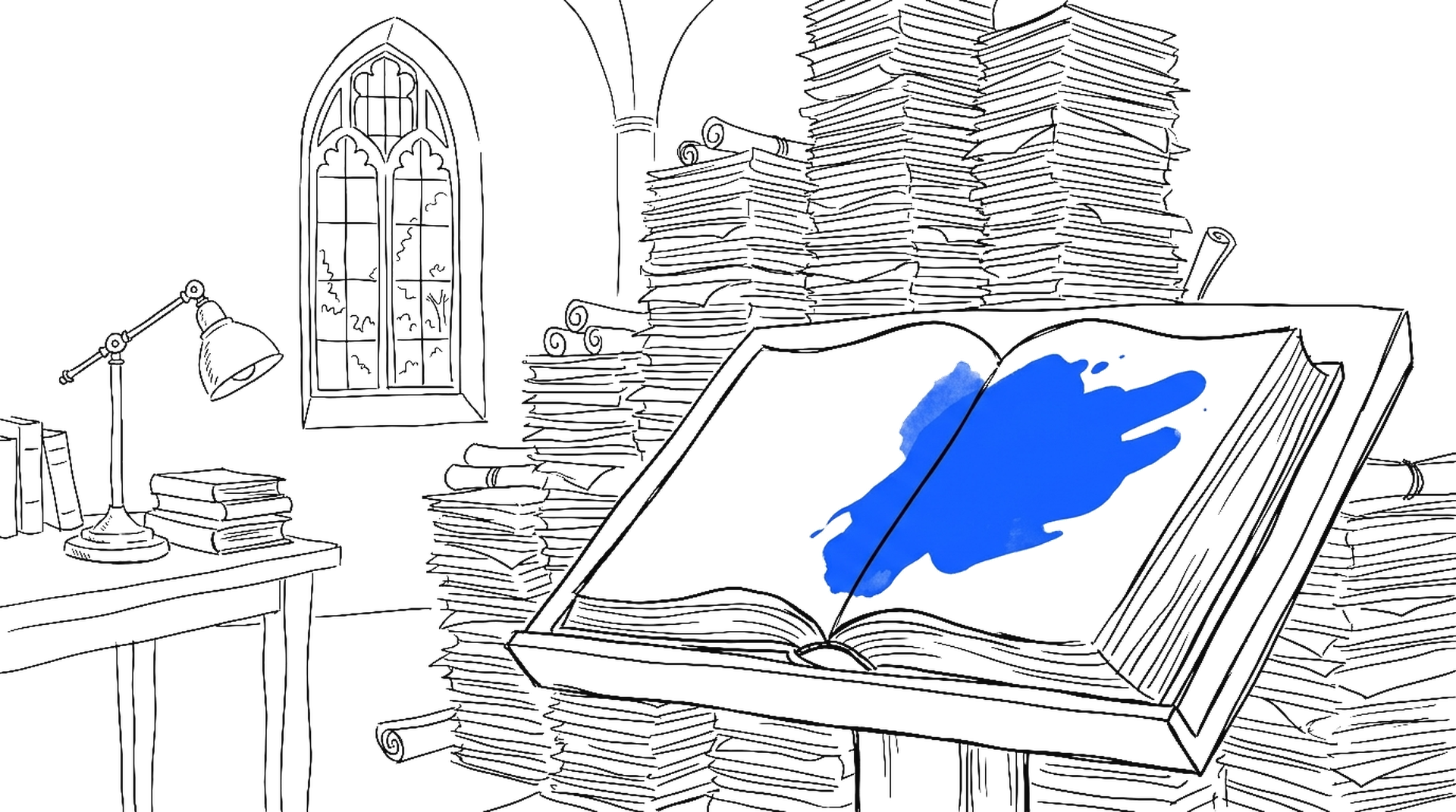 Illustration eines Papierturms hinter einem aufgeschlagenen Buch auf einem Lesepult, kinewsletter.ch Stil