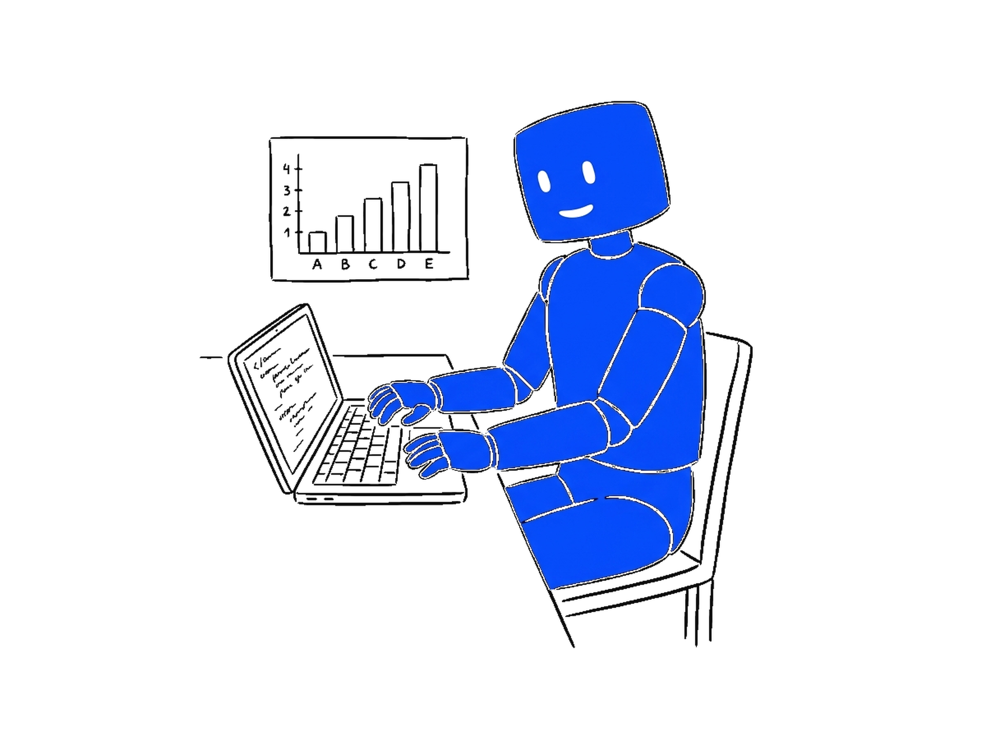 Skizze eines elektroblauen Roboters, der auf einem Laptop tippt, im Hintergrund ein steigendes Balkendiagramm