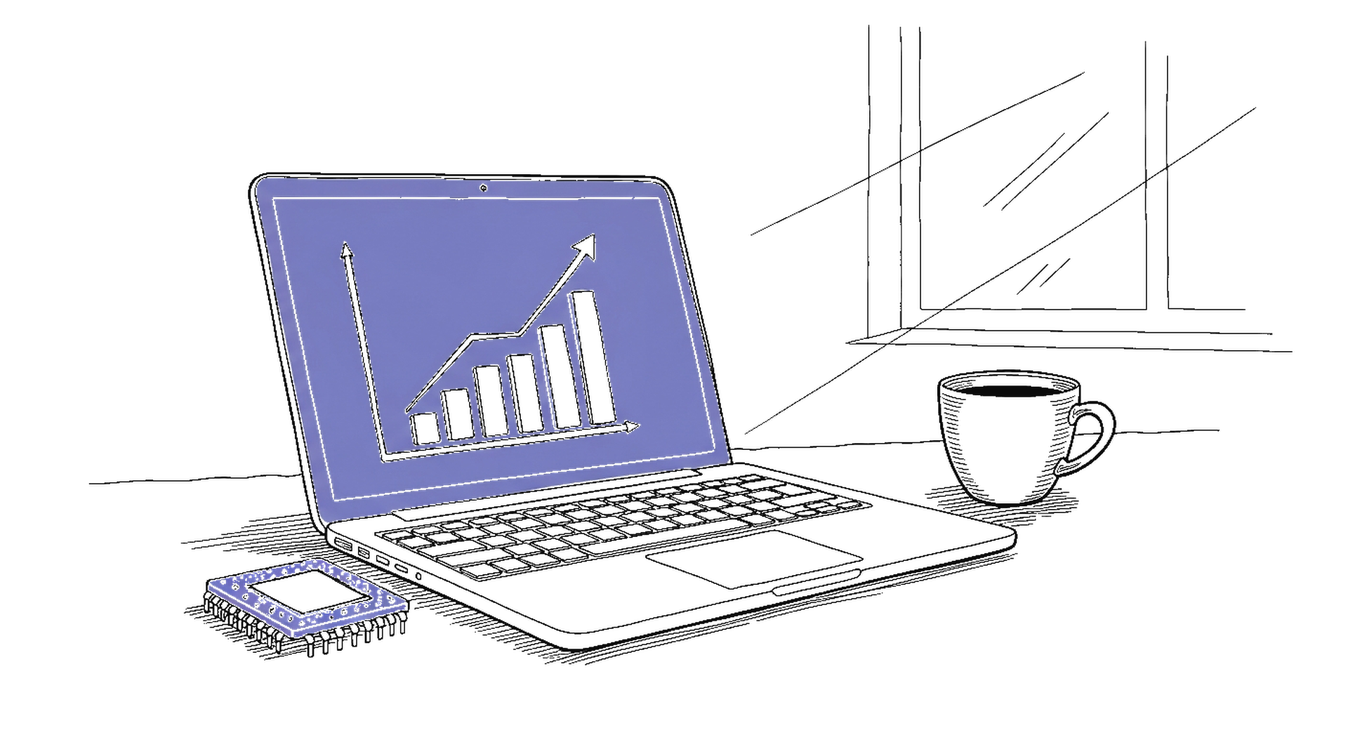 Illustration eines Laptops mit steigendem Balkendiagramm und Mikrochip – kinewsletter.ch Stil