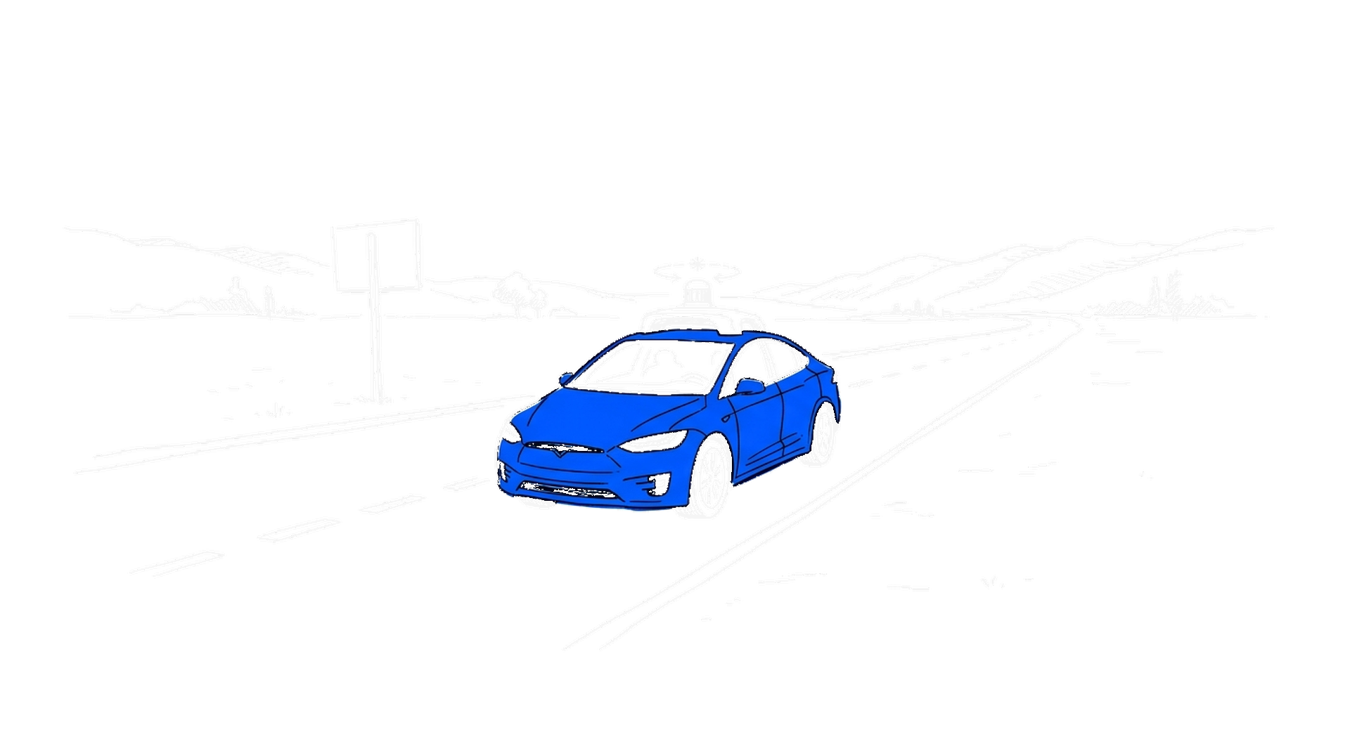 Illustration eines selbstfahrenden Autos mit Sensorkuppel auf einer leeren Landstrasse, kinewsletter.ch Stil