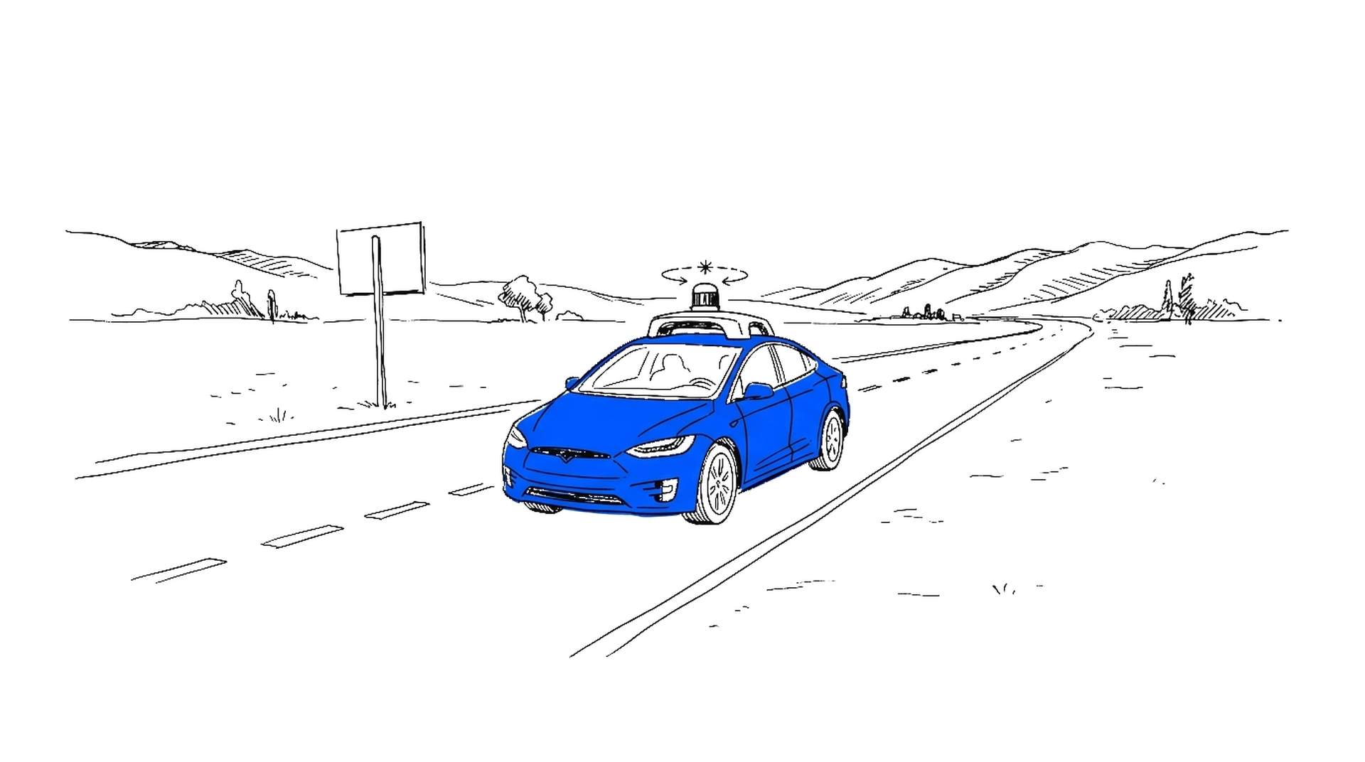 Illustration eines selbstfahrenden Autos mit Sensorkuppel auf einer leeren Landstrasse, kinewsletter.ch Stil