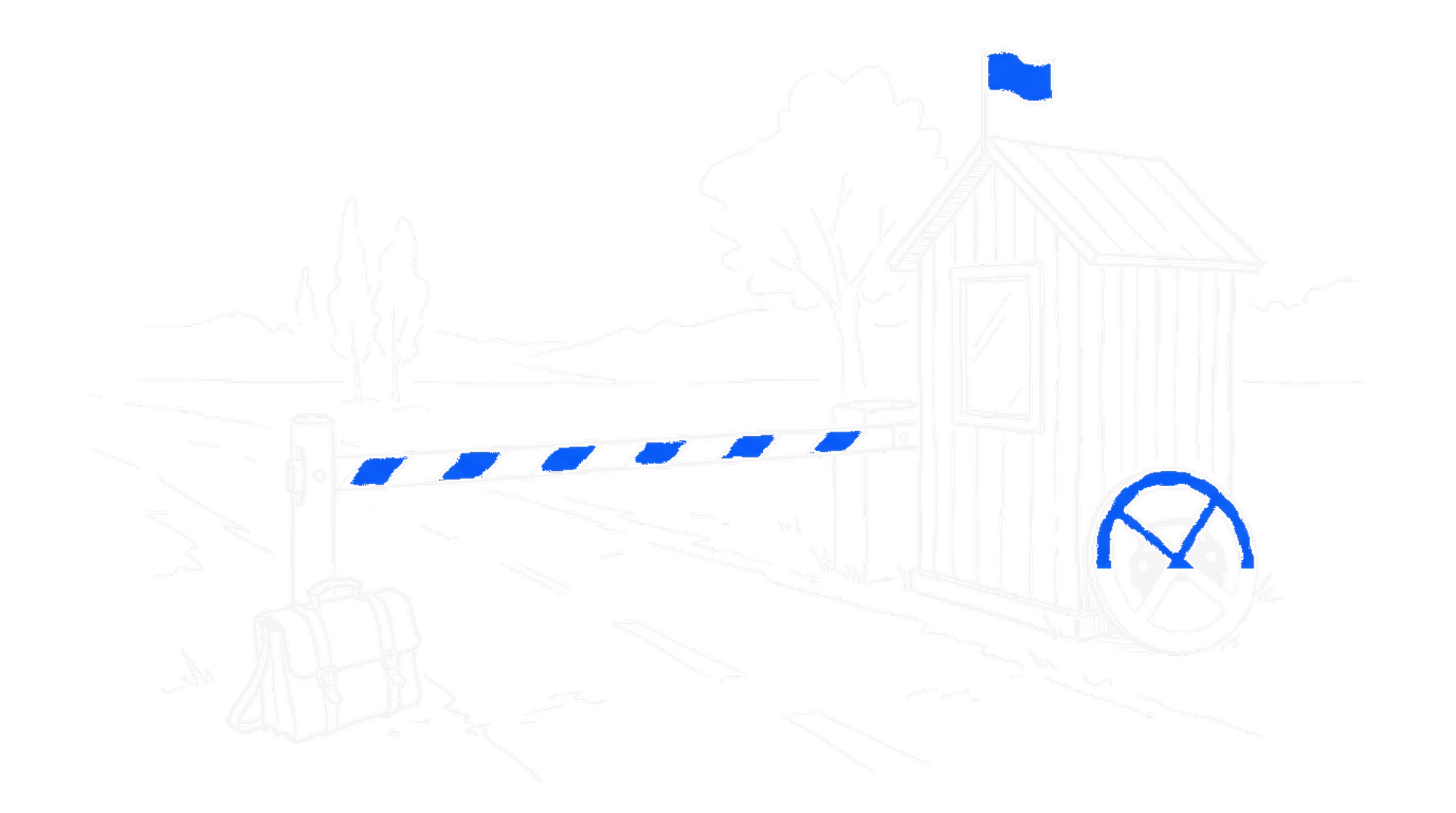 Illustration eines Grenzpostens mit gesenktem Schlagbaum, Aktentasche und beiseitegestelltem Verbotsschild, kinewsletter.ch Stil